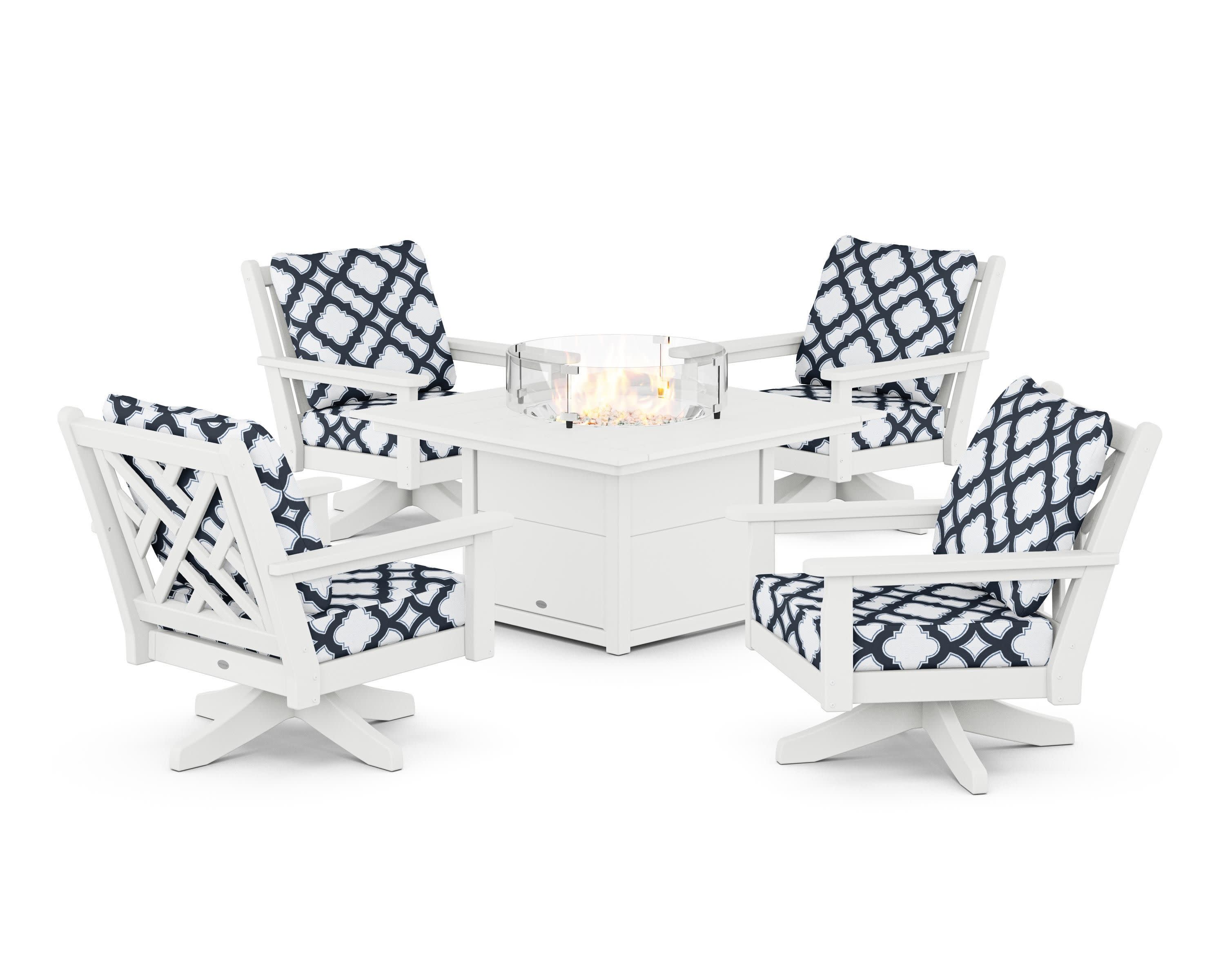 Chippendale 5-Piece Deep Seating Swivel Conversation Set with Fire Pit Table in White / Trellis Marine Indigo