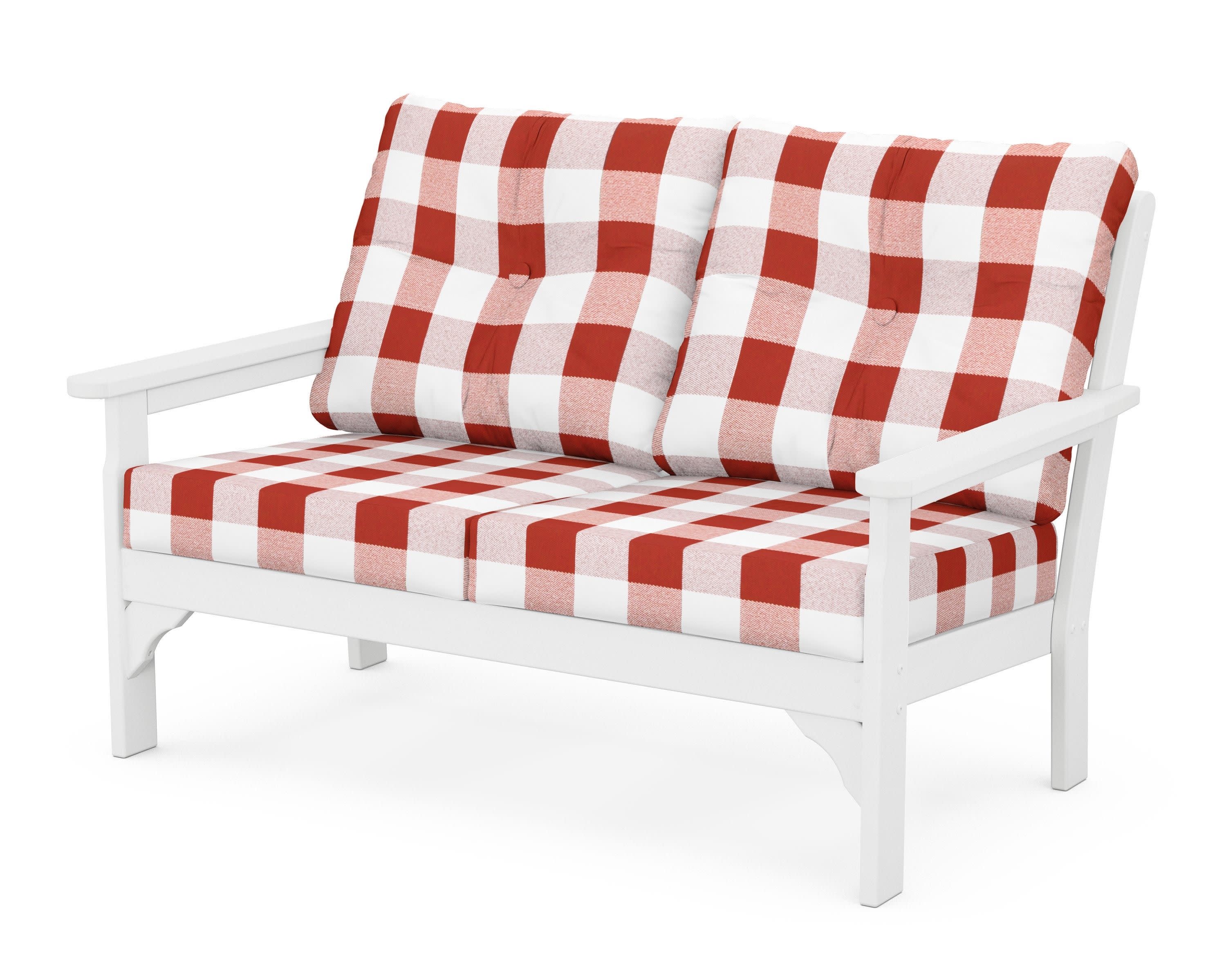 Vineyard Deep Seating Loveseat in White / Buffalo Plaid Crimson