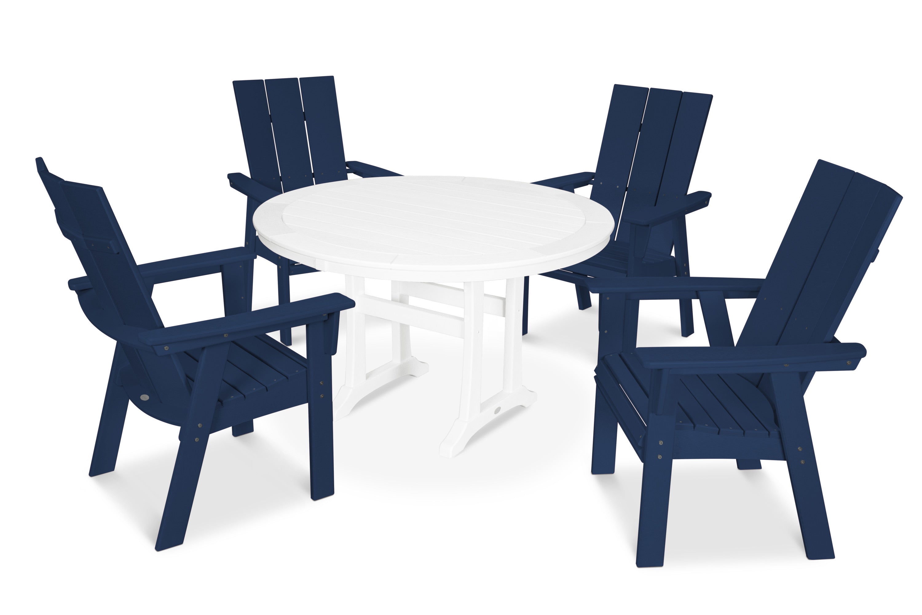 Modern Curveback Adirondack 5-Piece Nautical Trestle Dining Set in Navy / White