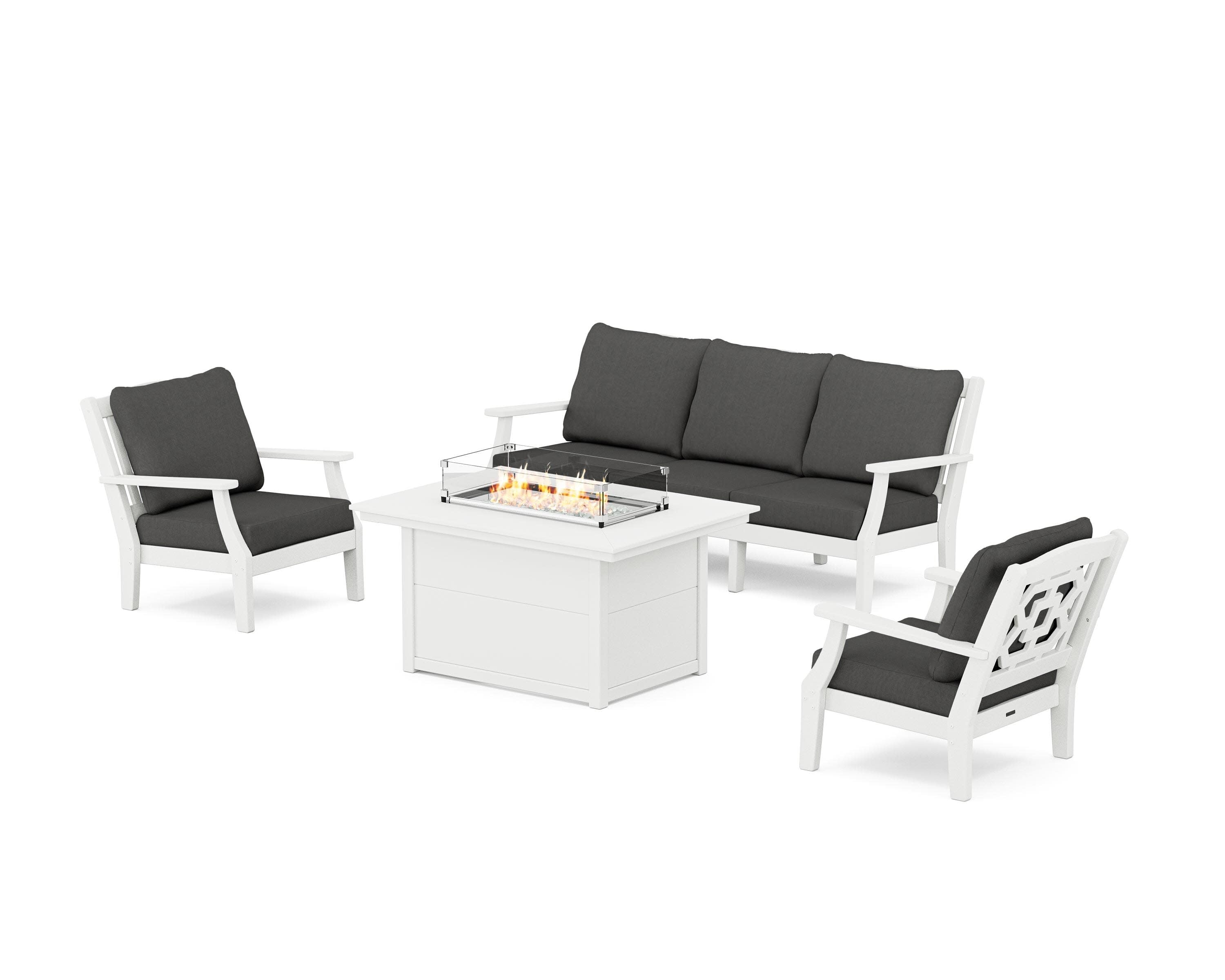 Chinoiserie Deep Seating Fire Pit Table Set in White / Spectrum Carbon