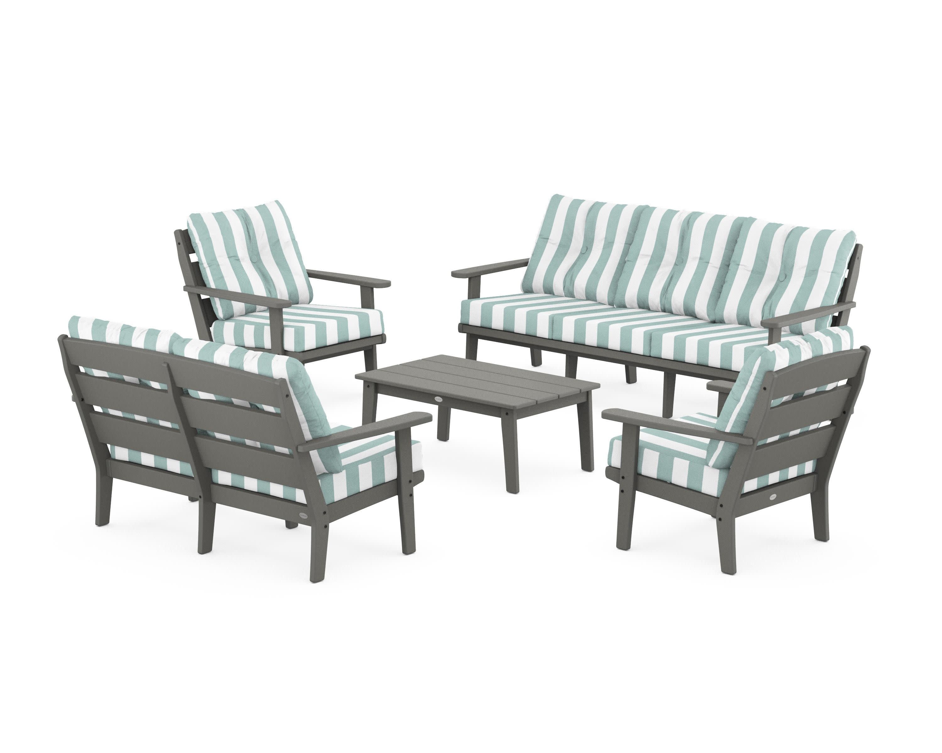 Lakeside 5-Piece Lounge Sofa Set in Slate Grey / Cabana Stripe Glacier Spa