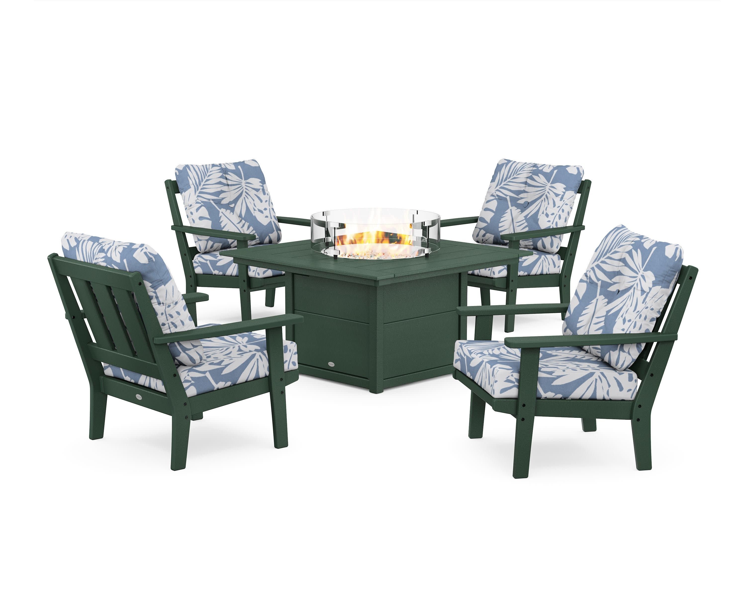Oxford 5-Piece Deep Seating Set with Fire Pit Table in Green / Leaf Sky Blue