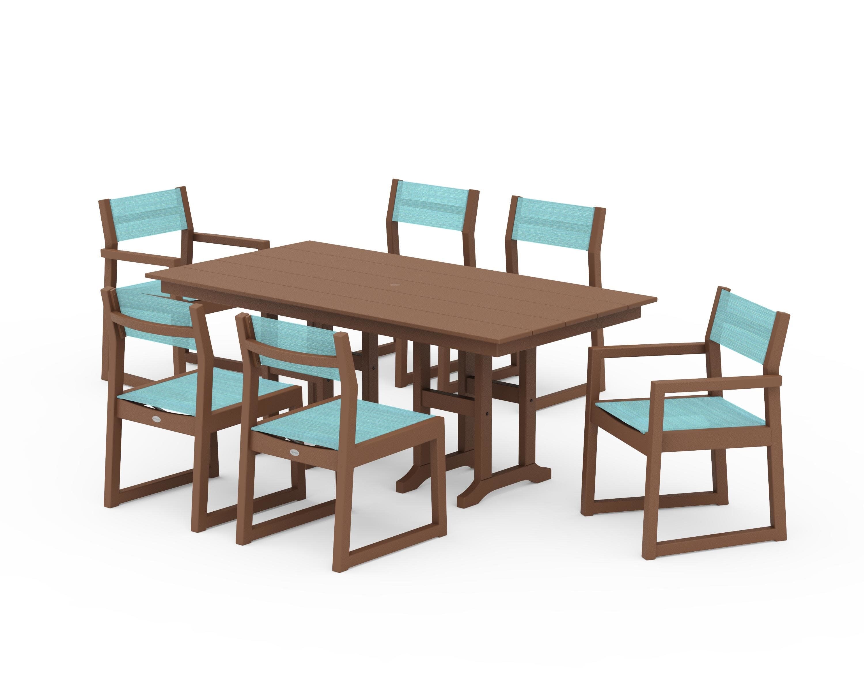 EDGE Sling 7-Piece Farmhouse Dining Set in Teak / Dupioni Aquamarine Sling