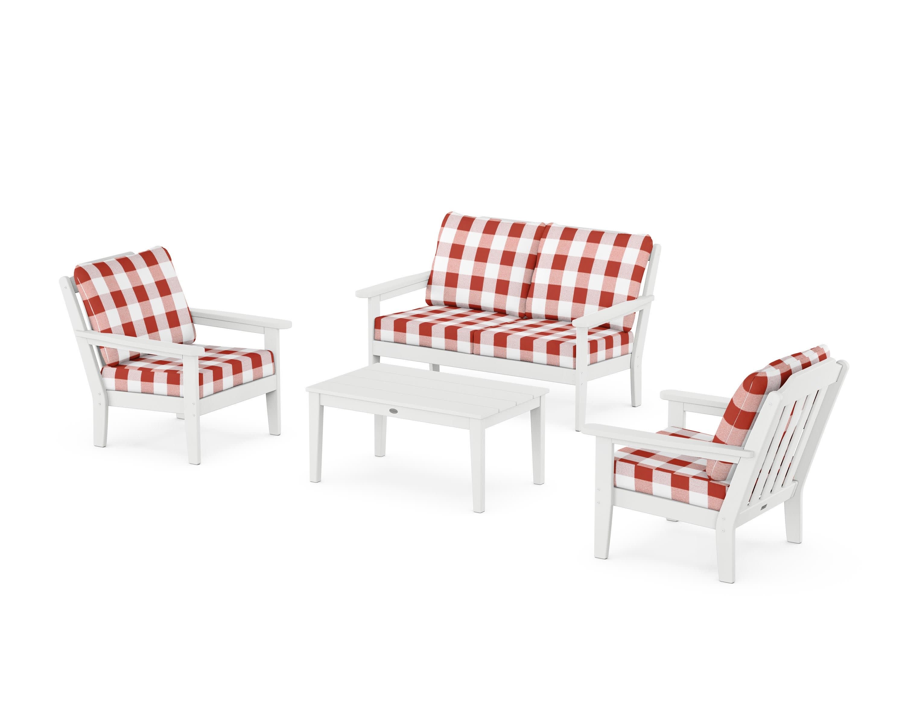 Cottage 4-Piece Deep Seating Set with Loveseat in White / Buffalo Plaid Crimson