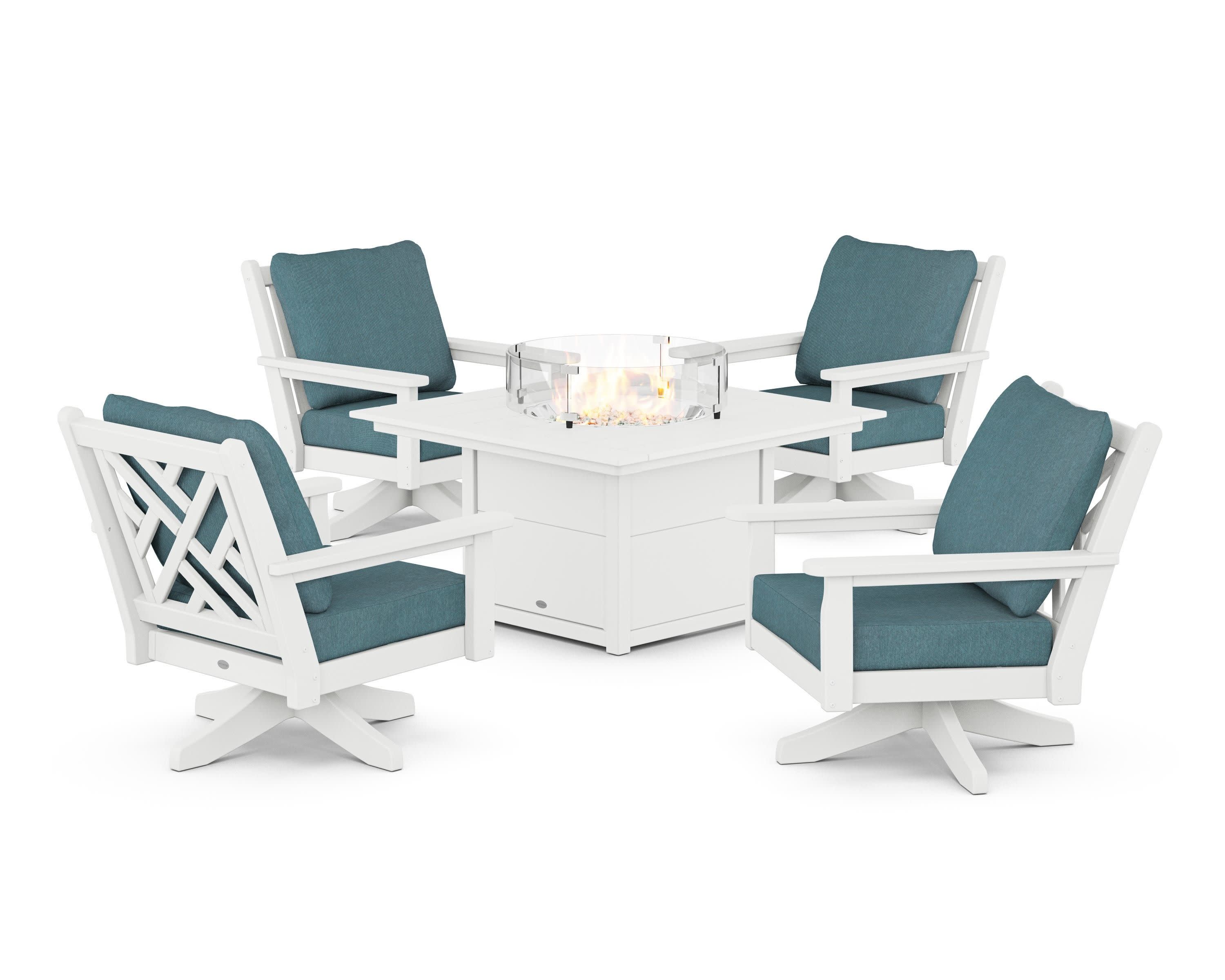 Chippendale 5-Piece Deep Seating Swivel Conversation Set with Fire Pit Table in White / Ocean Teal