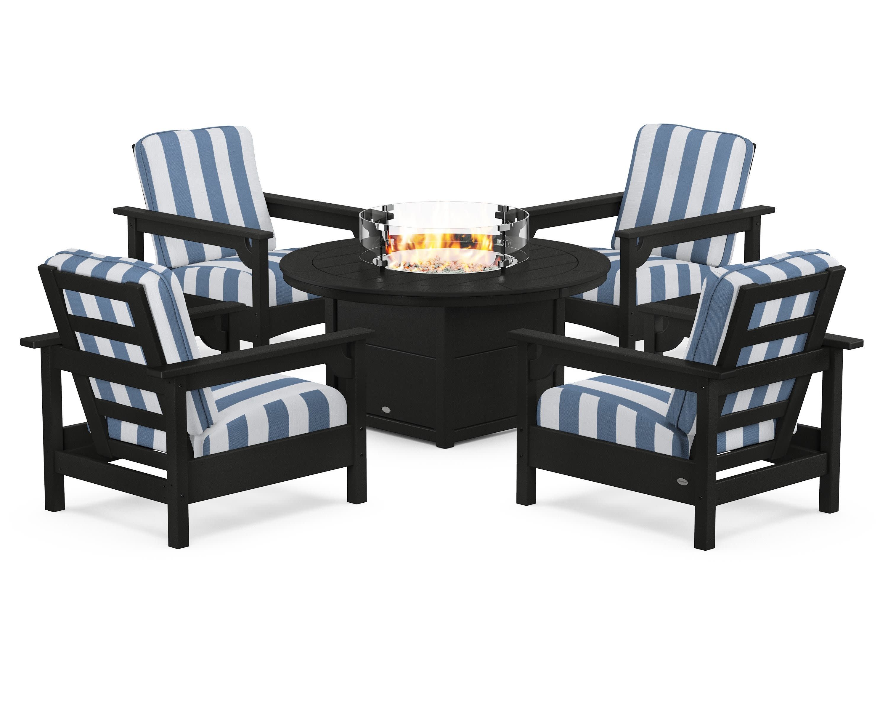 Club 5-Piece Conversation Set with Fire Pit Table in Black / Cabana Stripe Sky Blue