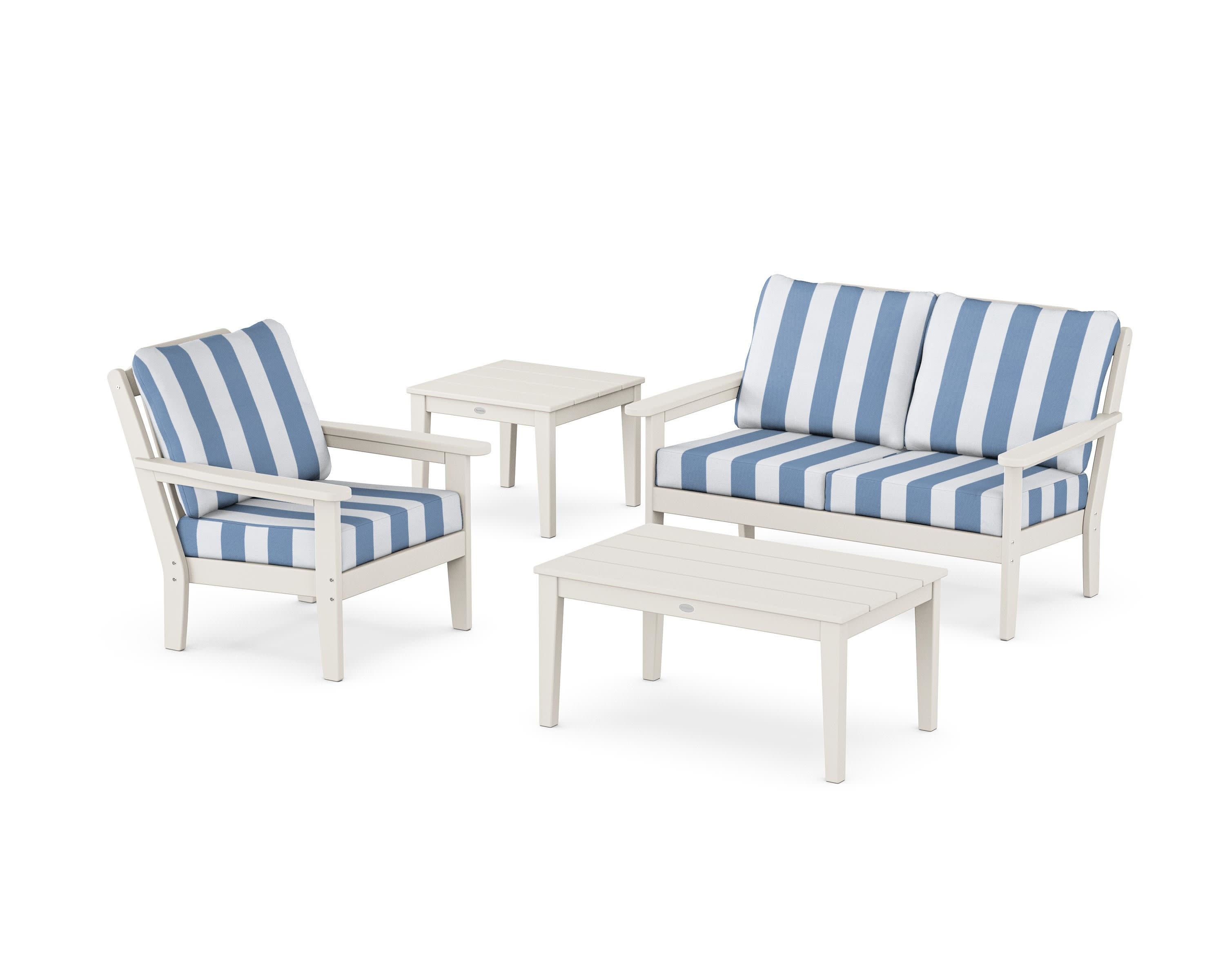 Wovendale 4-Piece Deep Seating Set in Sand / Cabana Stripe Sky Blue