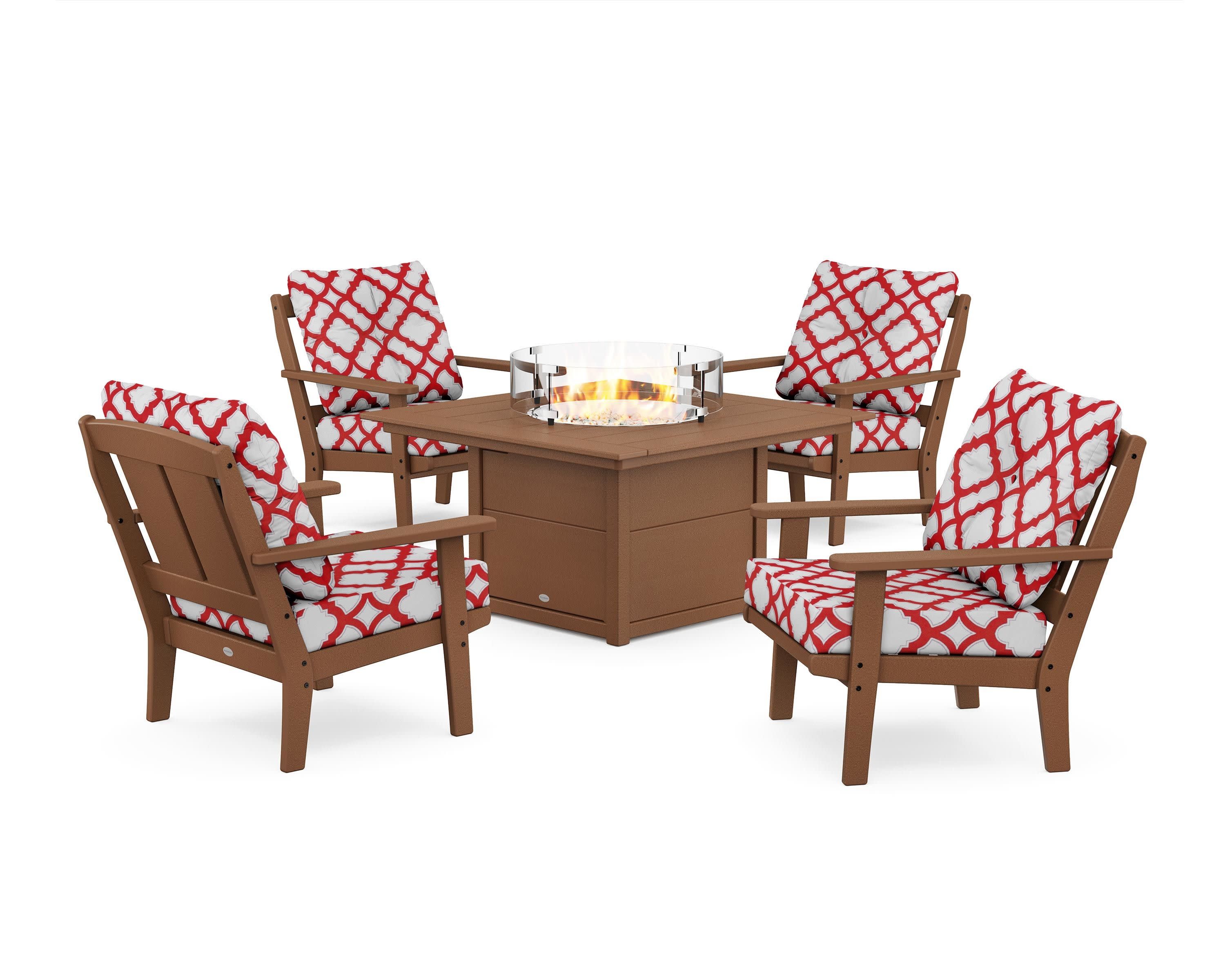 Mission 5-Piece Deep Seating Set with Fire Pit Table in Teak / Trellis Crimson