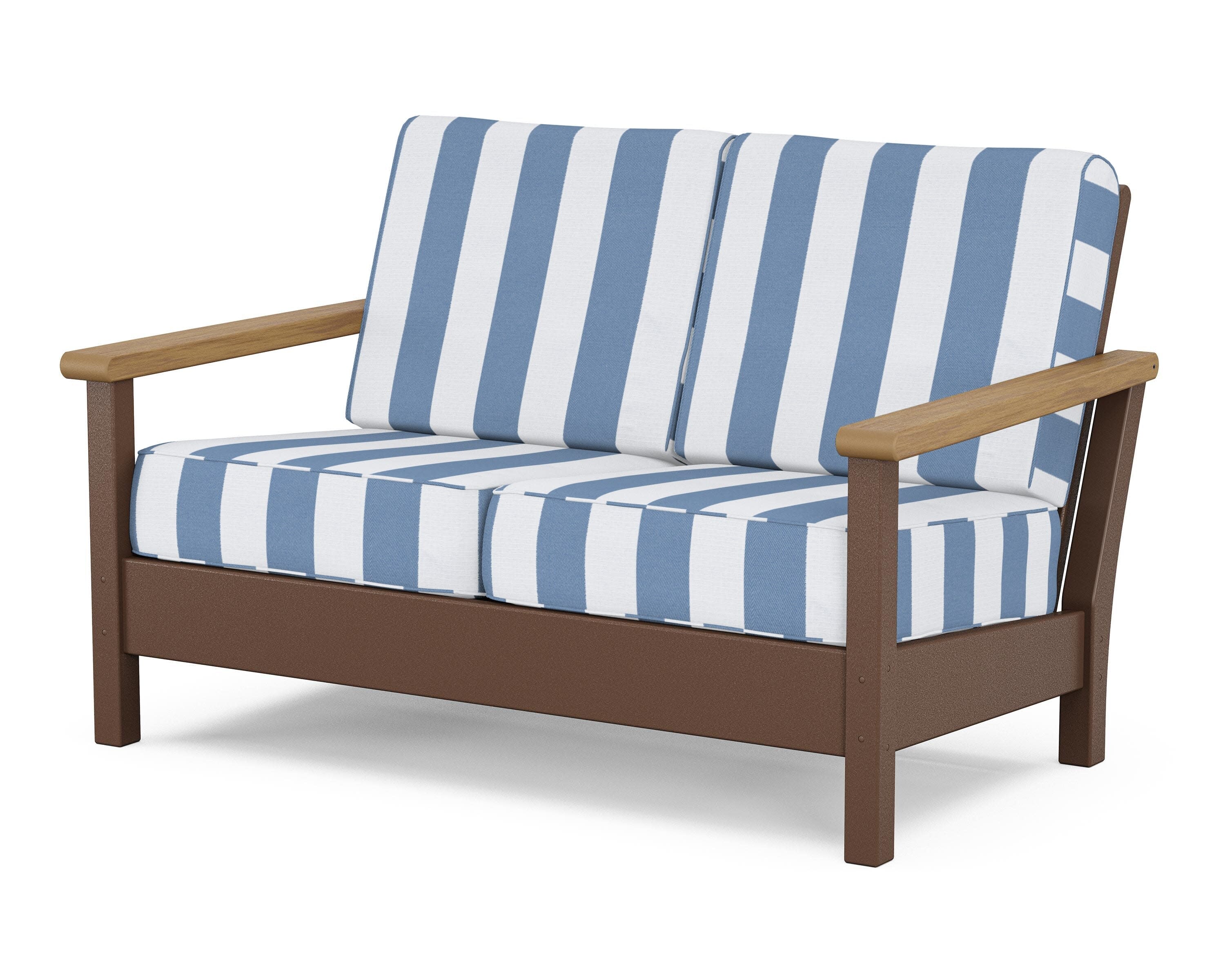 Harbour Deep Seating Loveseat in Mahogany / Natural / Cabana Stripe Sky Blue