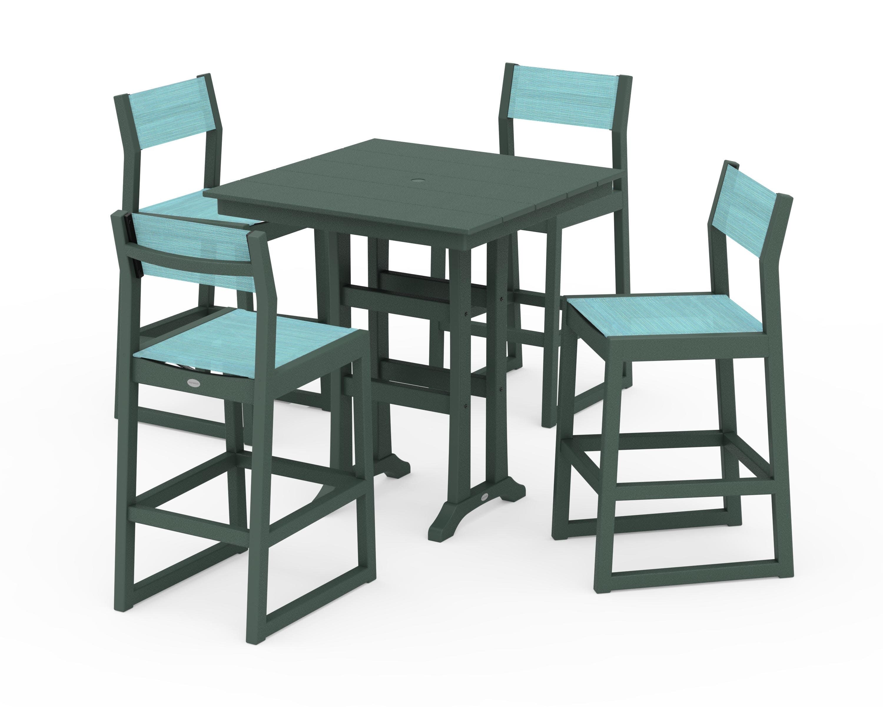 EDGE Sling Arm Chair 5-Piece Farmhouse Bar Set with Trestle Legs in Green / Dupioni Aquamarine Sling