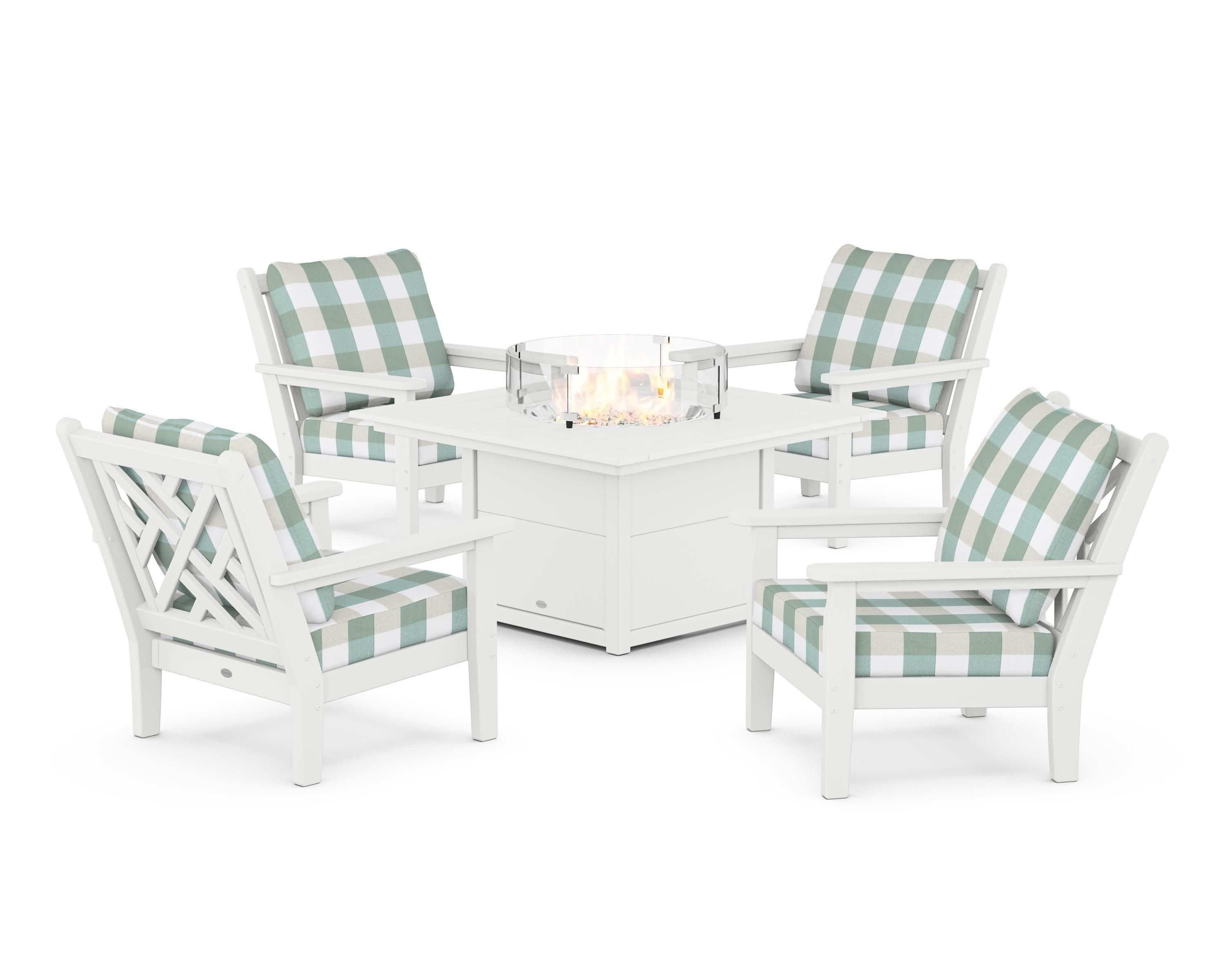 Chippendale 5-Piece Deep Seating Set with Fire Pit Table in White / Buffalo Plaid Glacier Spa