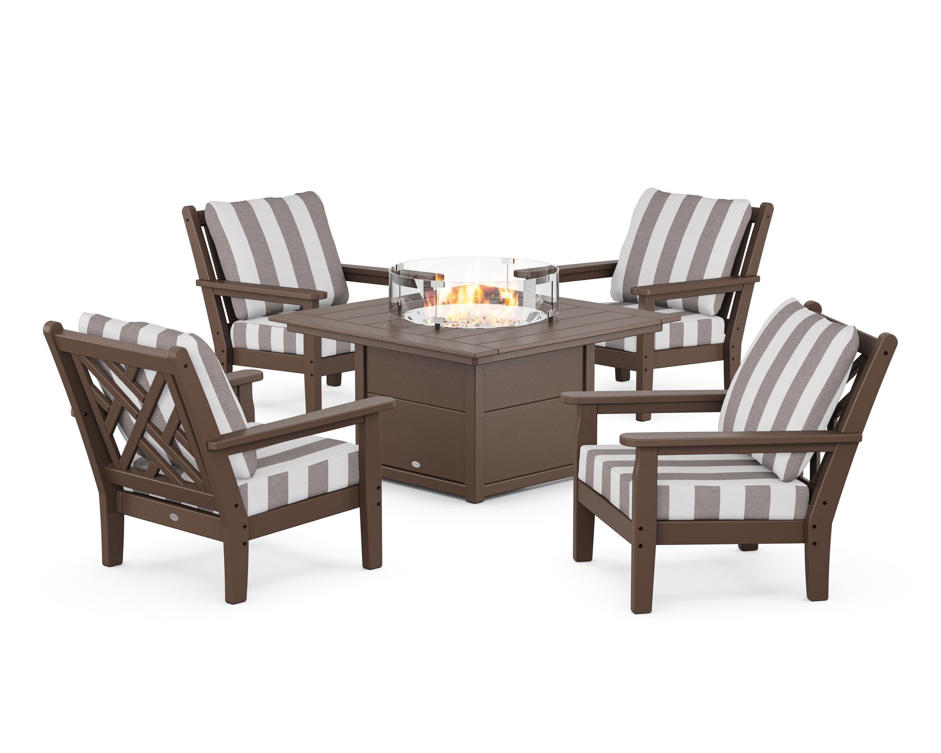 Chippendale 5-Piece Deep Seating Set with Fire Pit Table in Mahogany / Cabana Stripe Grey Mist