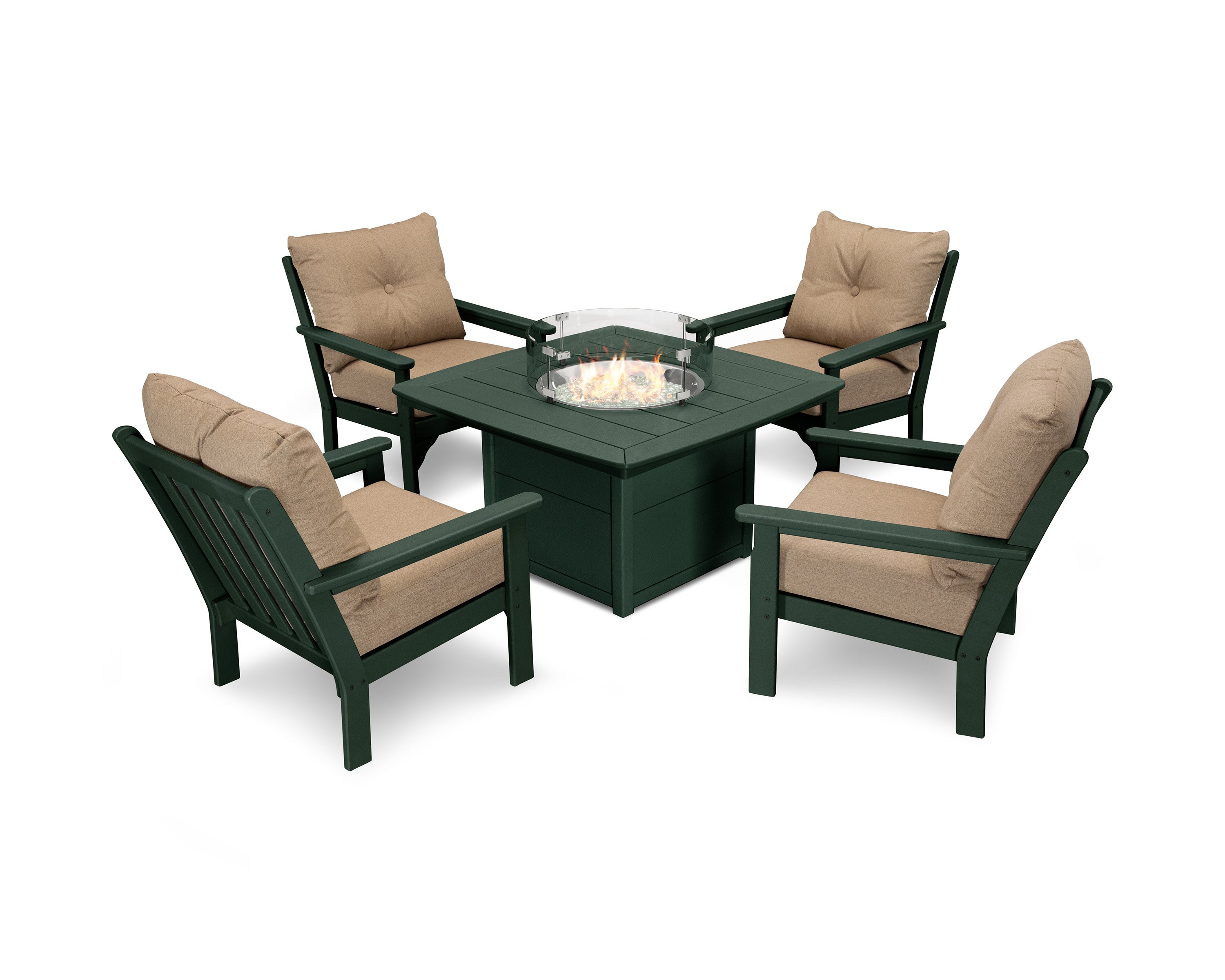 Vineyard 5-Piece Conversation Set with Fire Pit Table in Green / Sesame