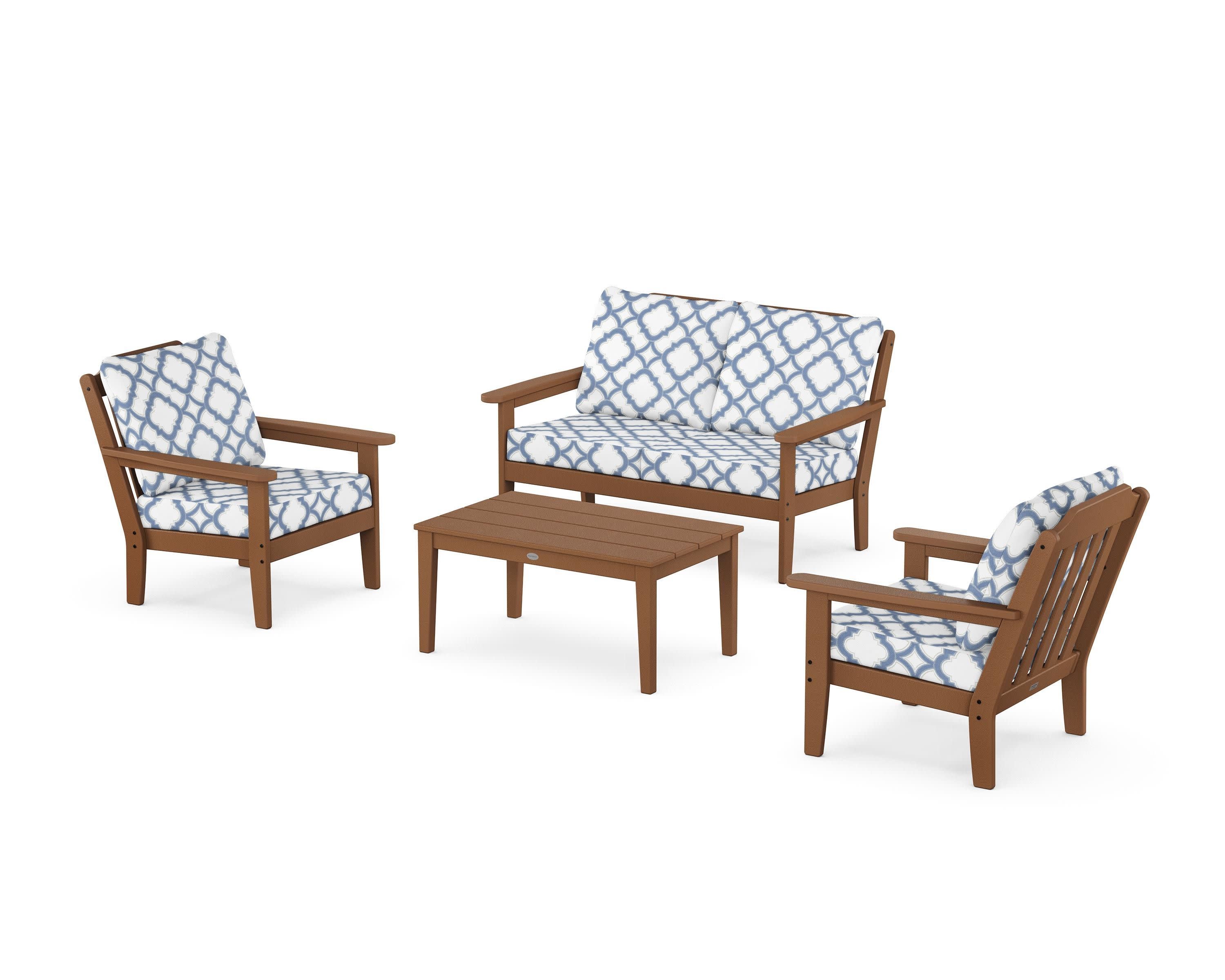 Cottage 4-Piece Deep Seating Set with Loveseat in Teak / Trellis Sky Blue