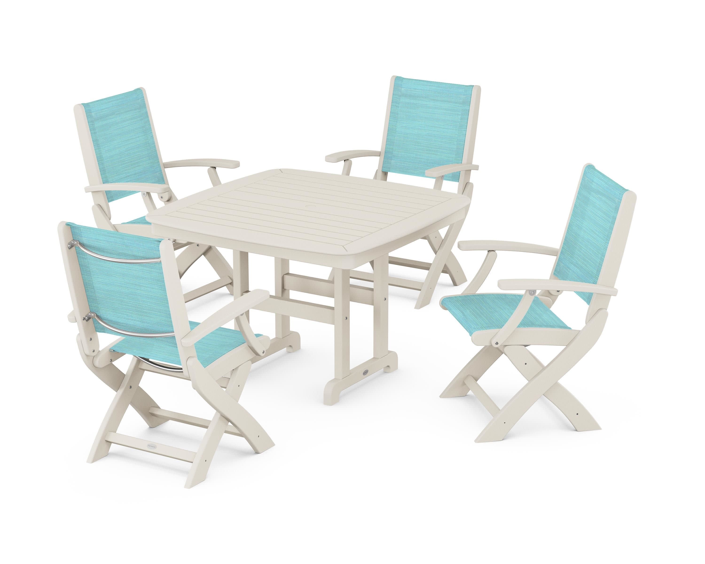 Coastal Folding Chair 5-Piece Dining Set in Sand / Dupioni Aquamarine Sling