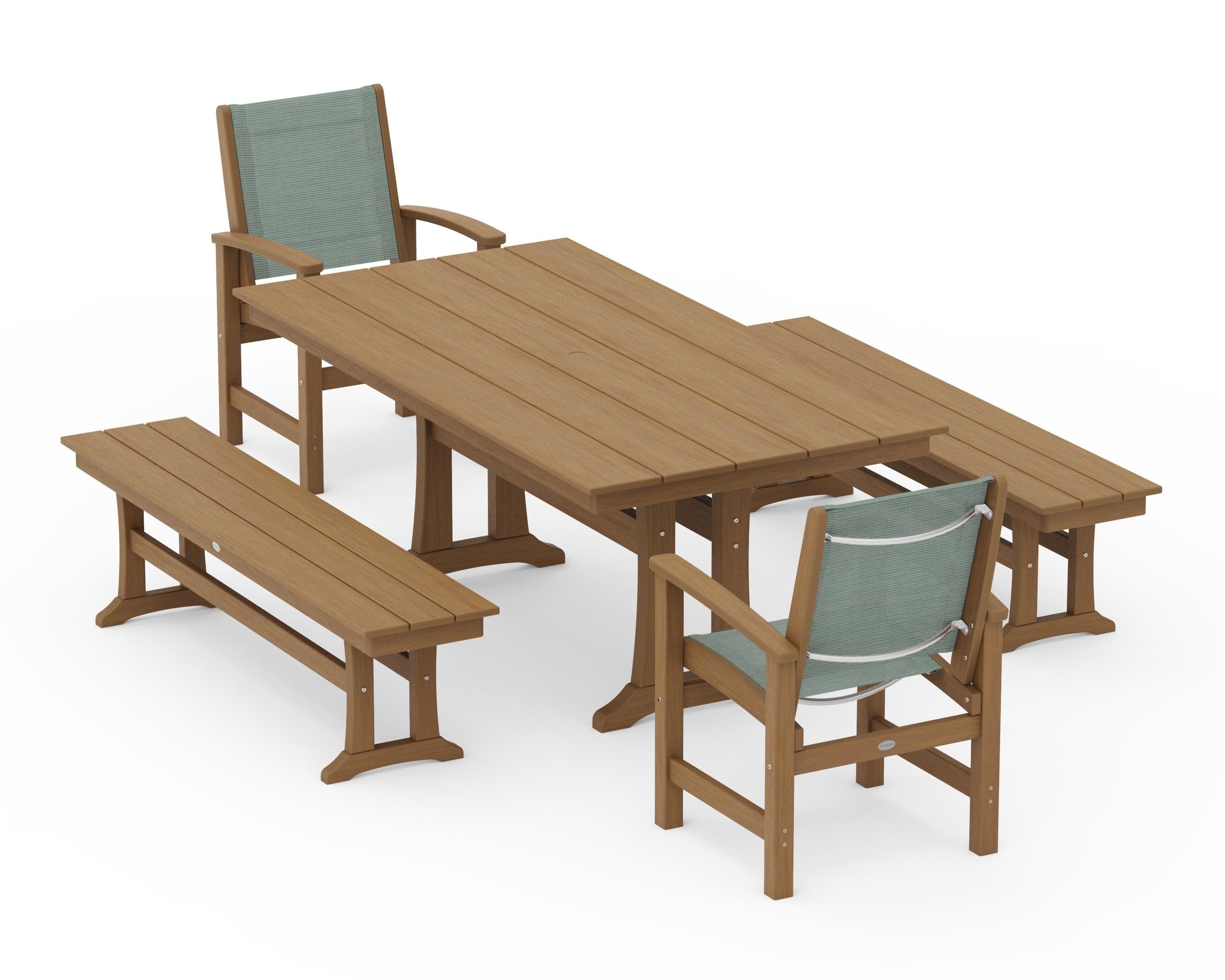 Coastal 5-Piece Farmhouse Dining Set with Trestle Legs and Benches in Natural / Dupioni Sea Mist Sling