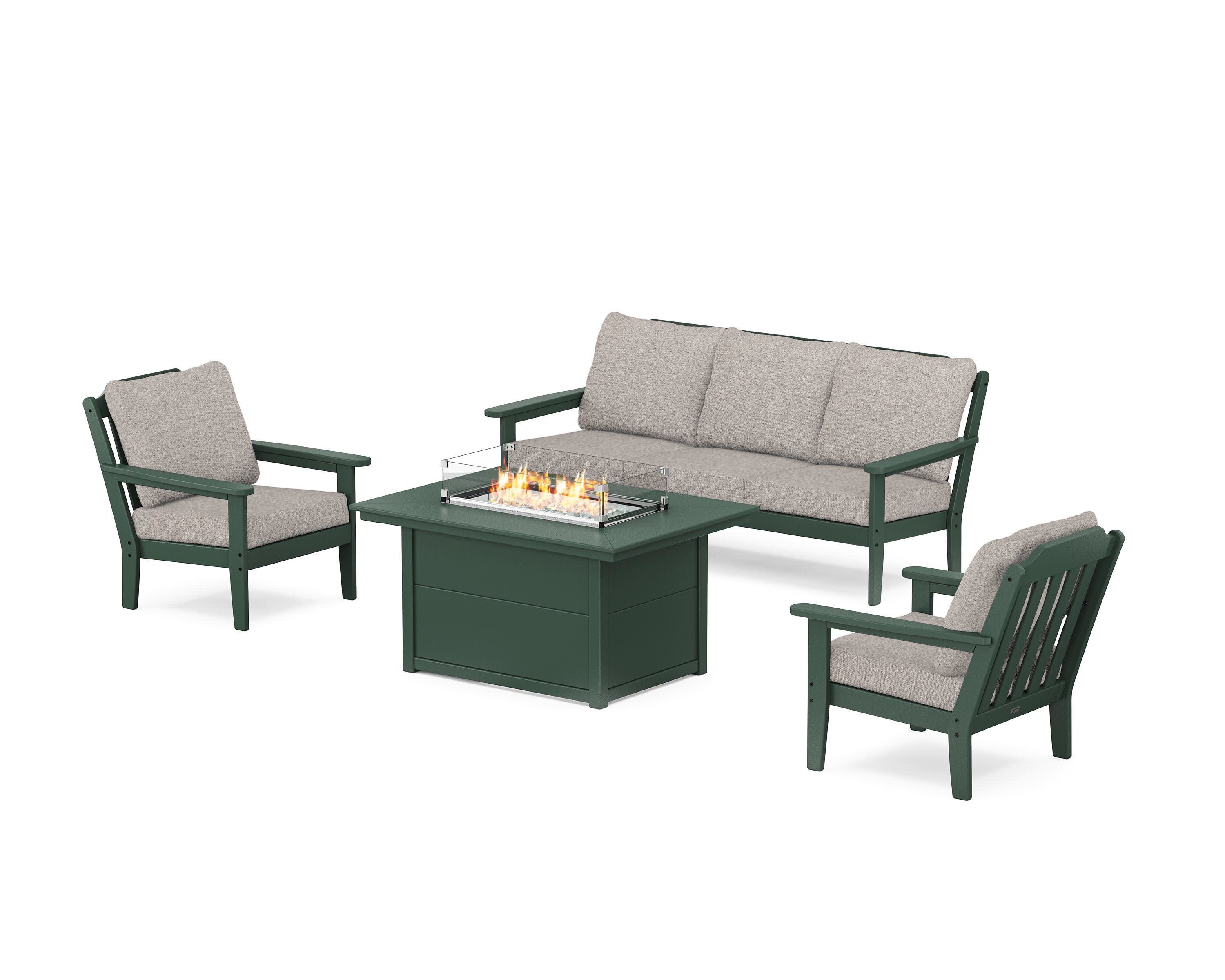 Cottage Deep Seating Fire Pit Table Set in Green / Weathered Tweed