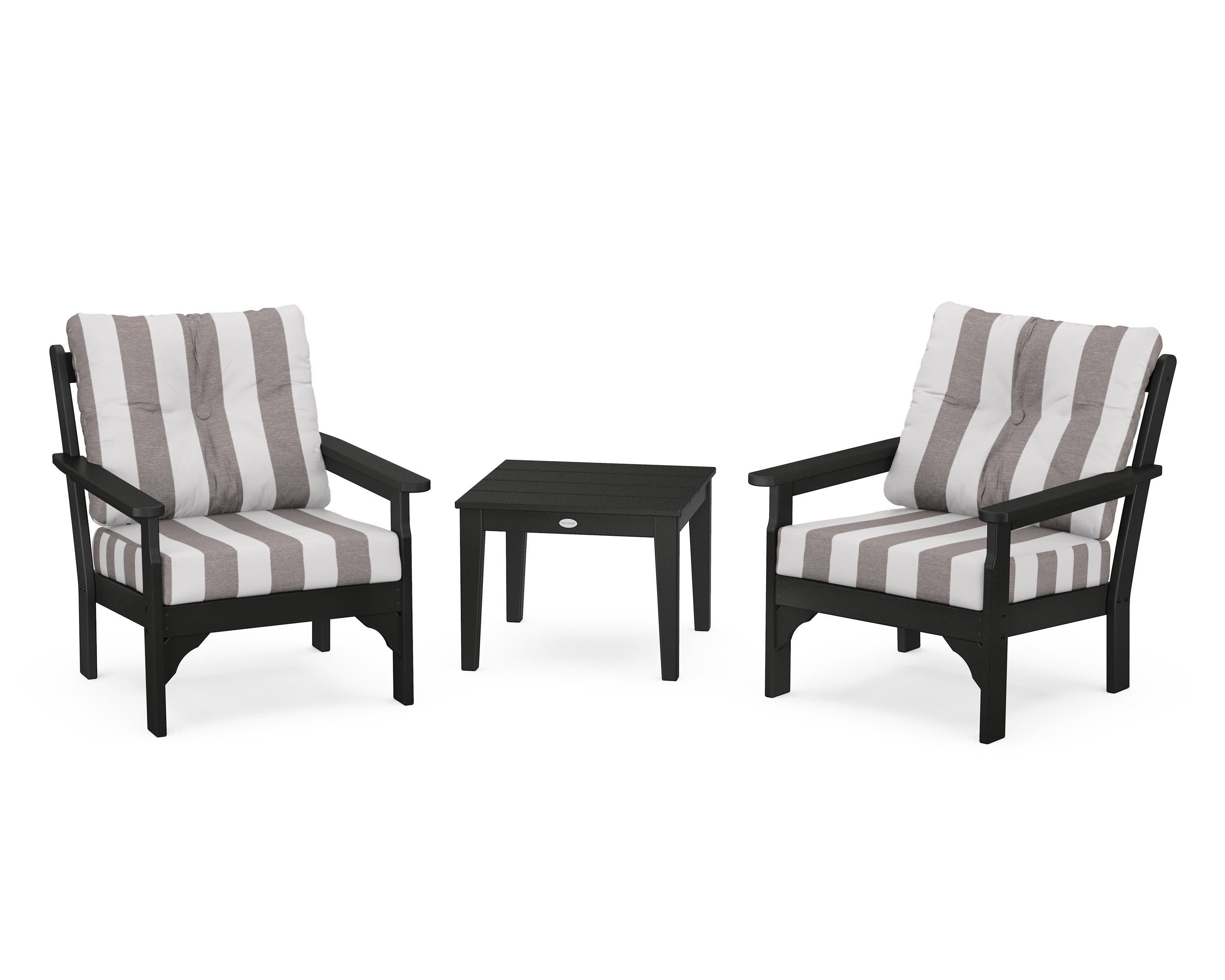 Vineyard 3-Piece Deep Seating Set in Black / Cabana Stripe Grey Mist