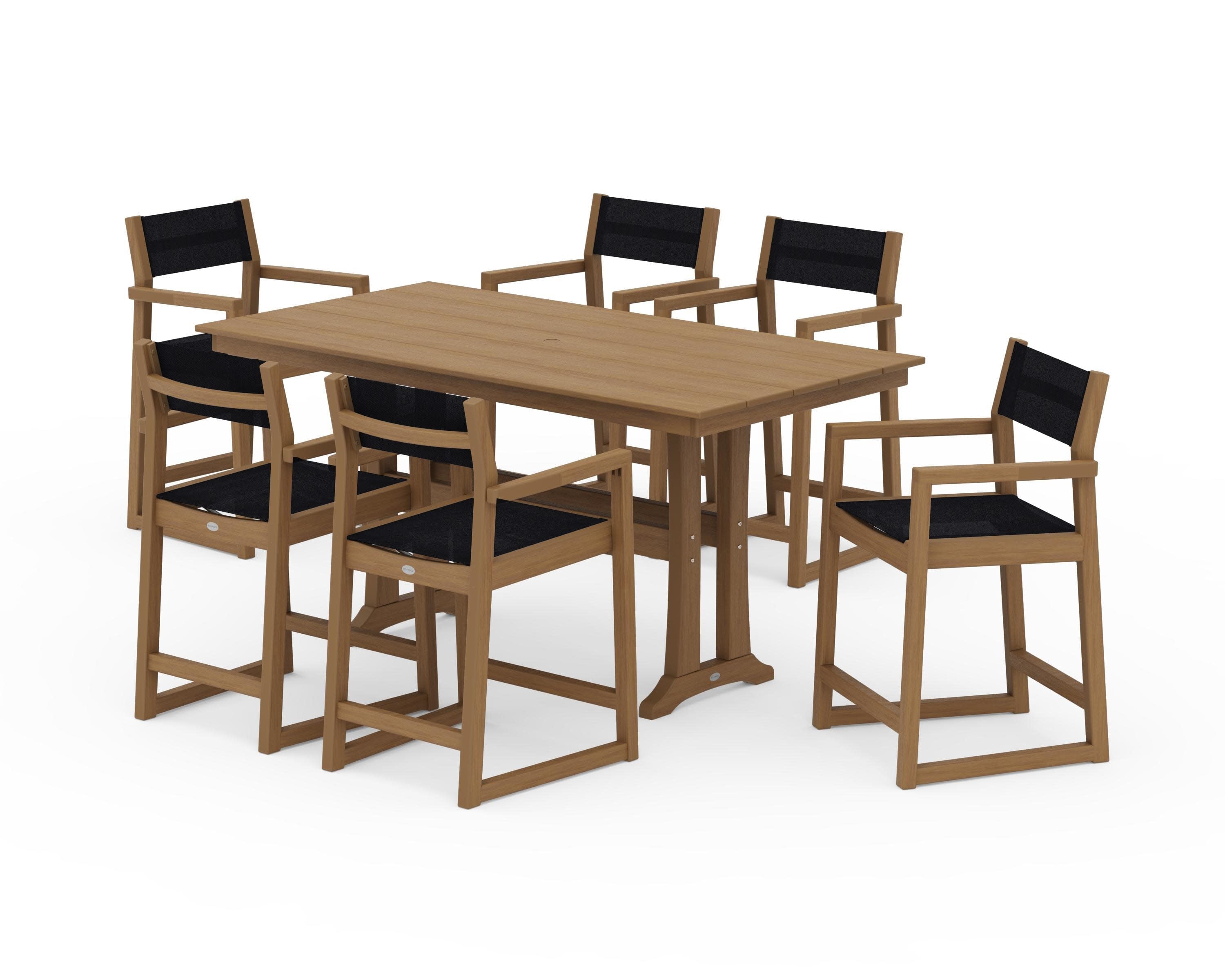 EDGE Sling Arm Chair 7-Piece Farmhouse Counter Set with Trestle Legs in Natural / Black Sling