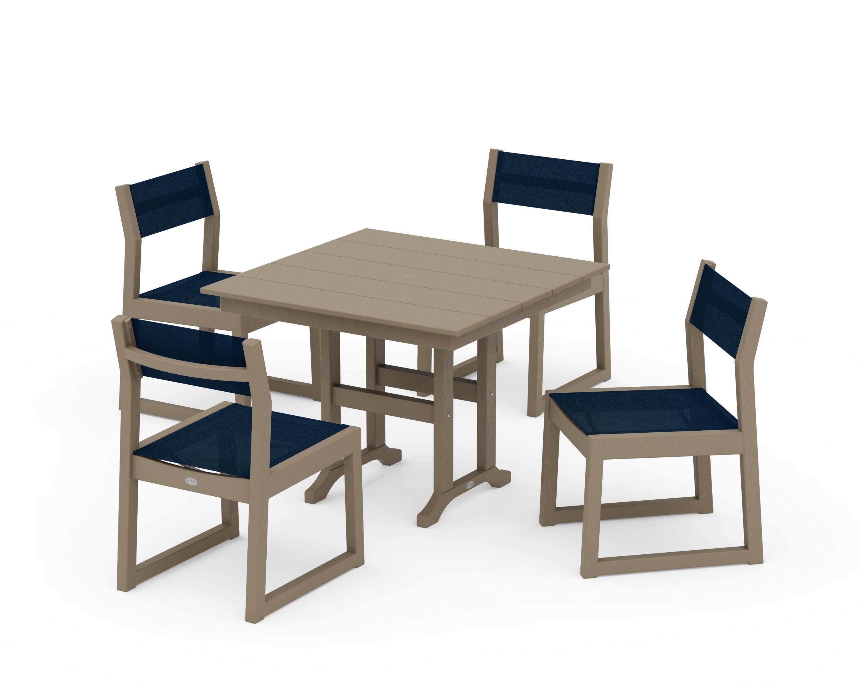 EDGE Sling Side Chair 5-Piece Farmhouse Dining Set in Vintage Sahara / Navy Blue Sling
