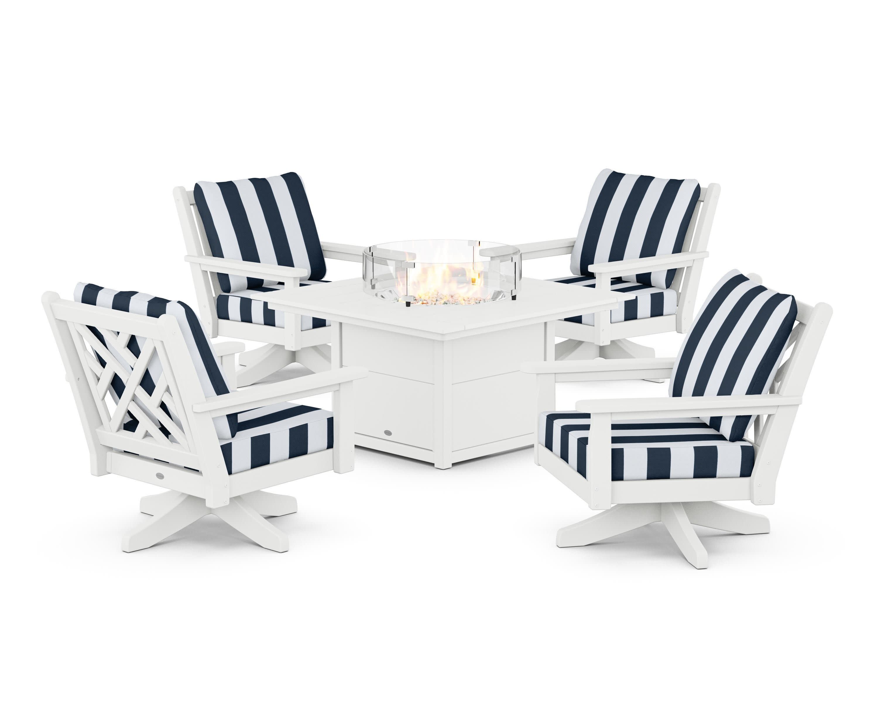 Chippendale 5-Piece Deep Seating Swivel Conversation Set with Fire Pit Table in White / Cabana Stripe Marine Indigo