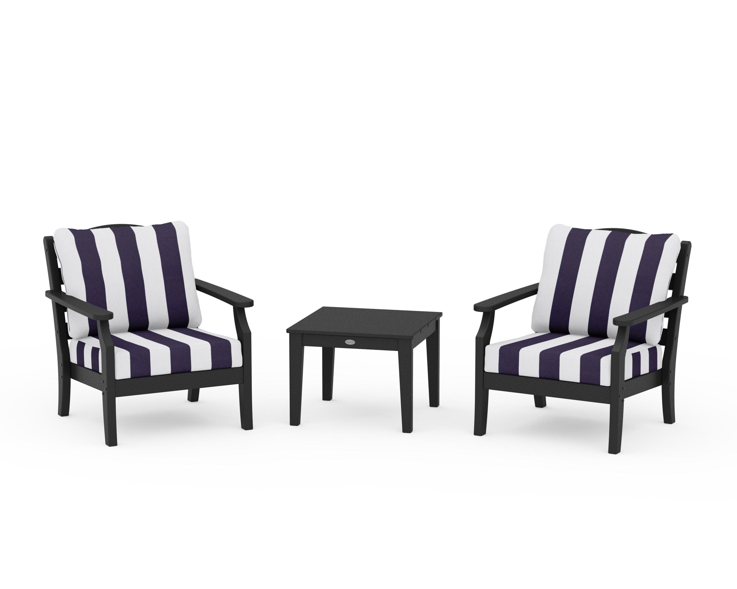 Savannah 3-Piece Deep Seating Set in Black / Cabana Stripe Navy