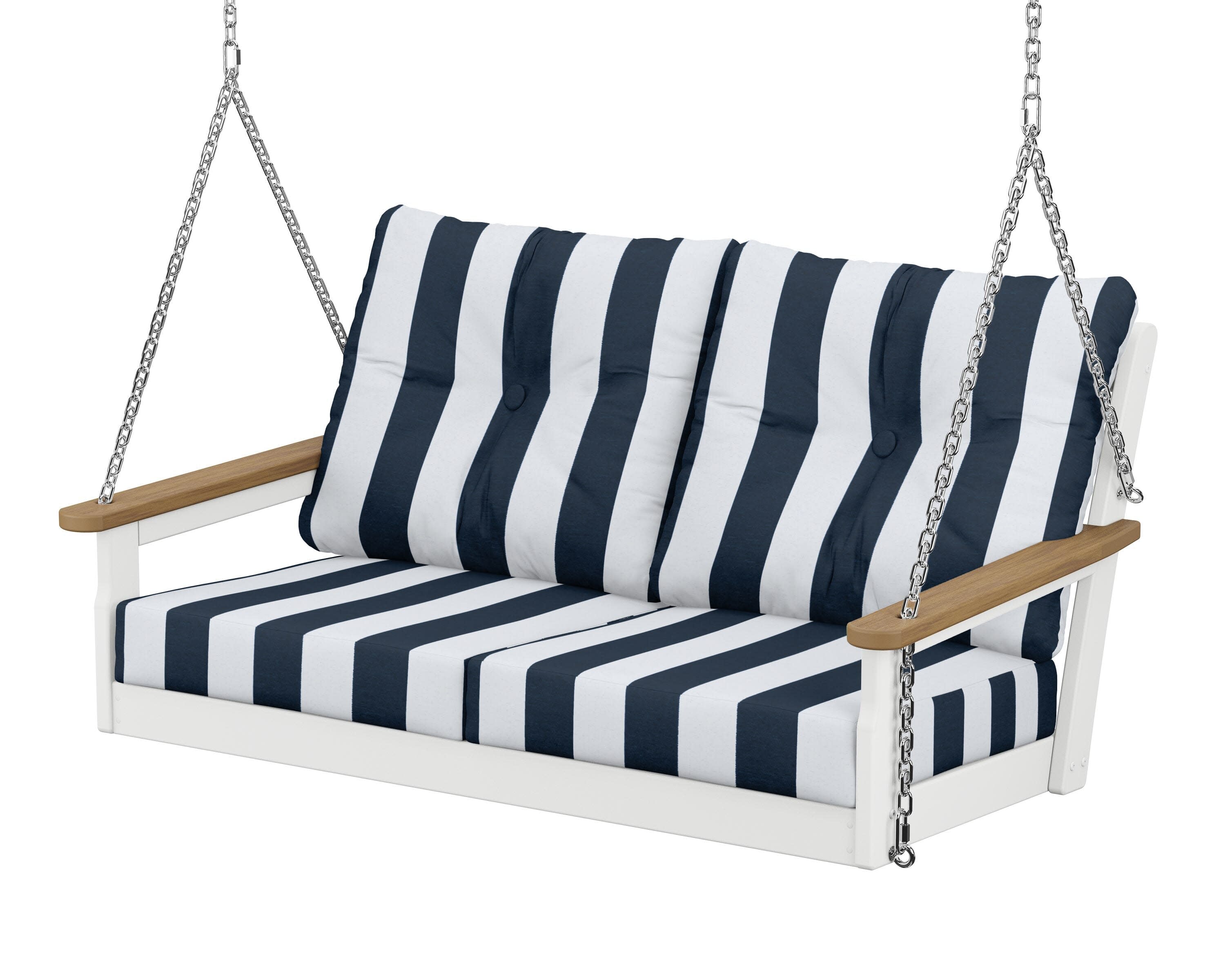 Vineyard Deep Seating Swing in White / Natural / Cabana Stripe Marine Indigo