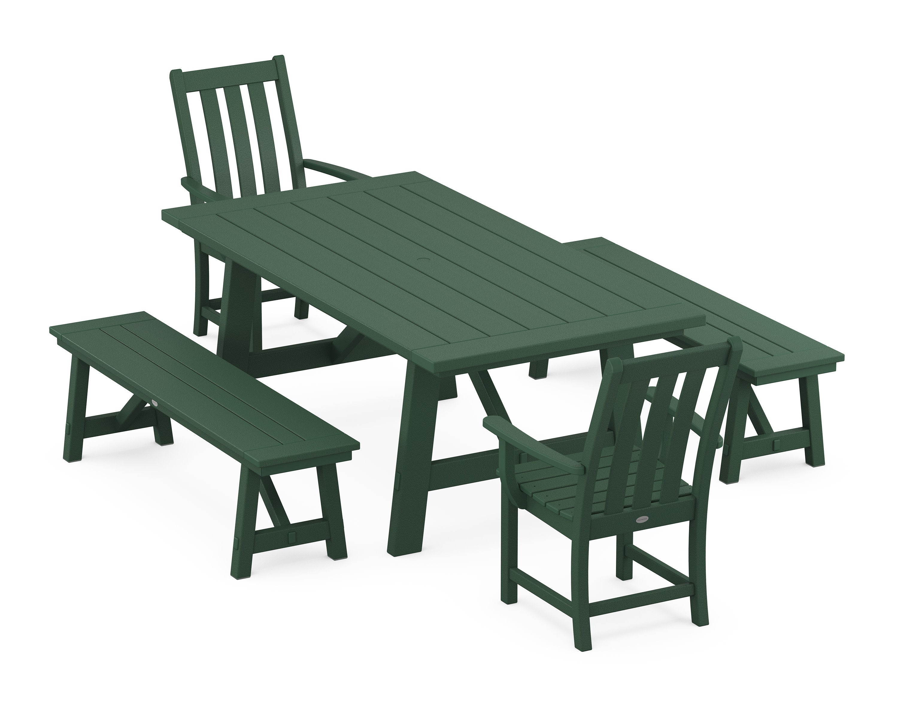 Vineyard 5-Piece Rustic Farmhouse Dining Set With Benches in Green