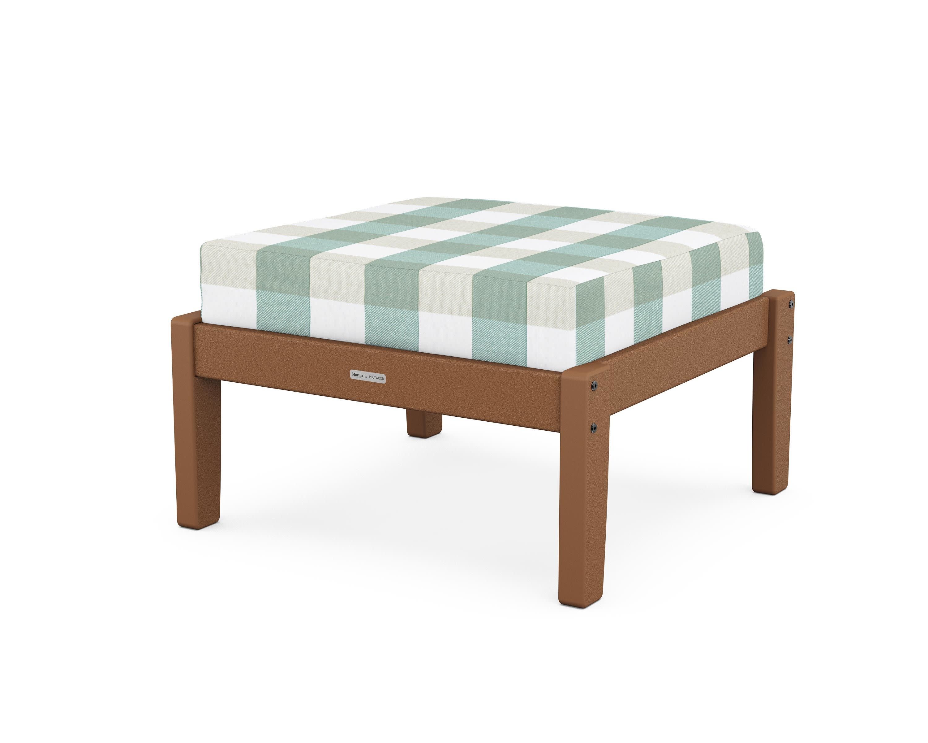 Chinoiserie Deep Seating Ottoman in Teak / Buffalo Plaid Glacier Spa