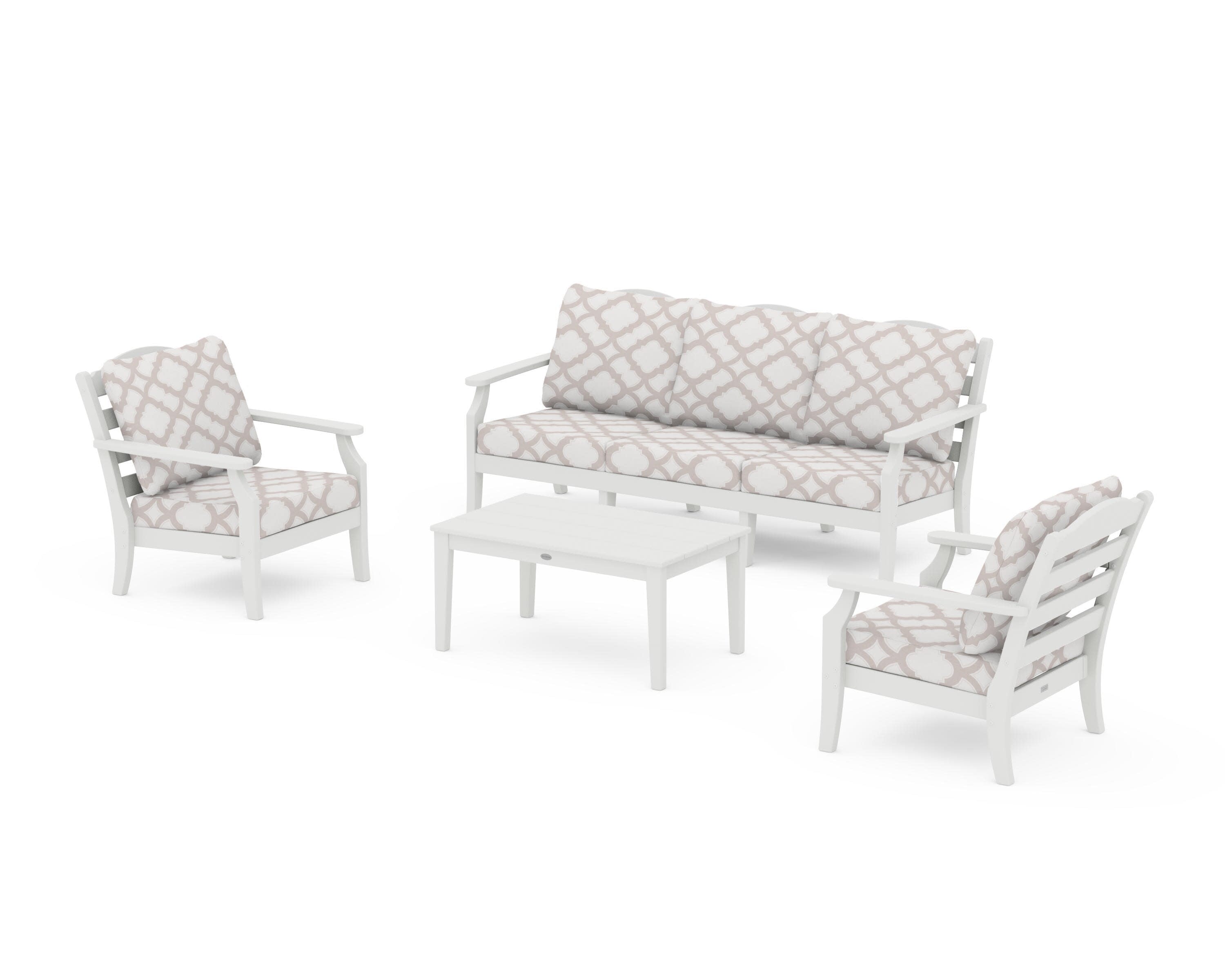 Savannah 4-Piece Deep Seating Set with Sofa in Vintage White / Trellis Dune Burlap