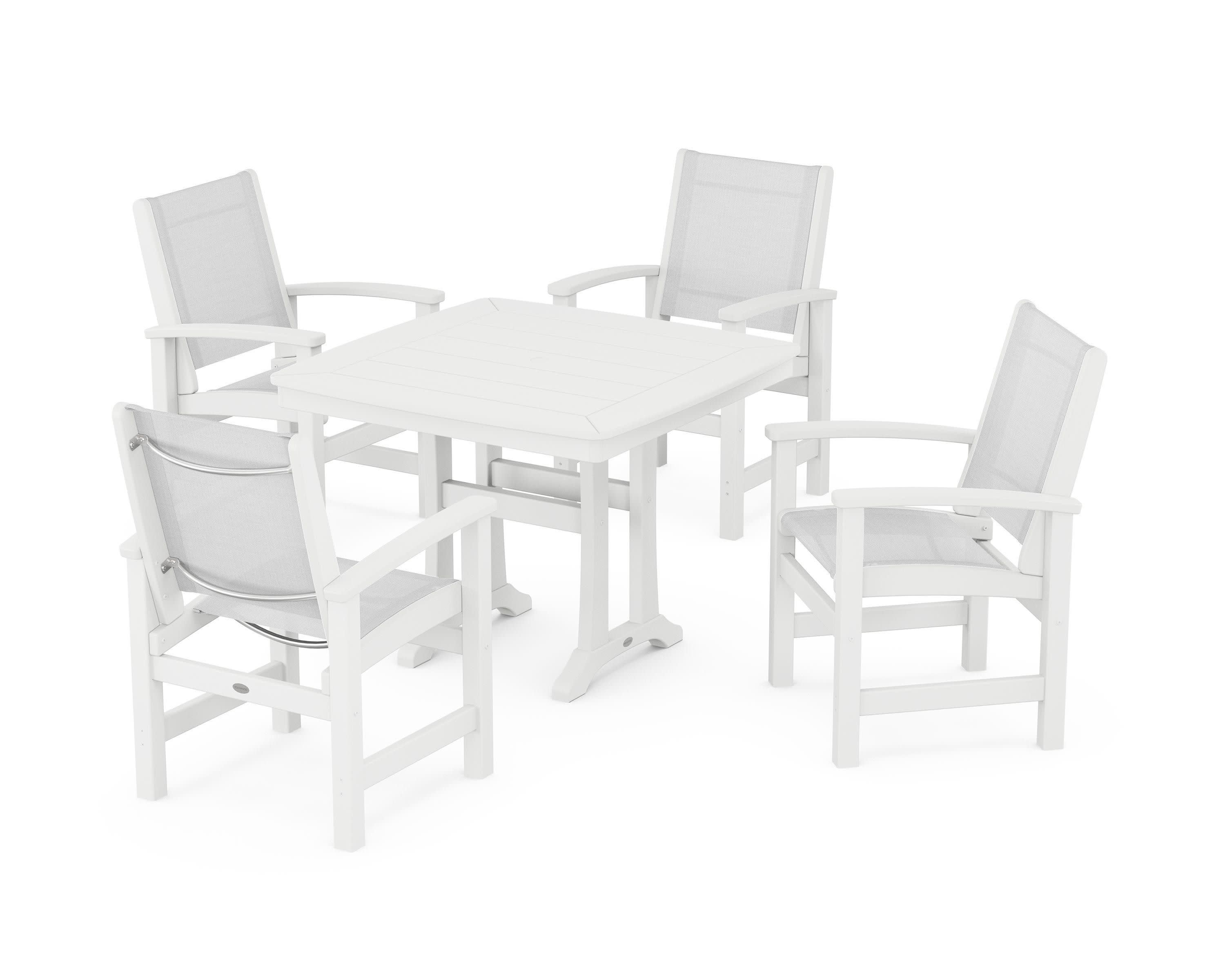 Coastal 5-Piece Dining Set with Trestle Legs in White / White Sling
