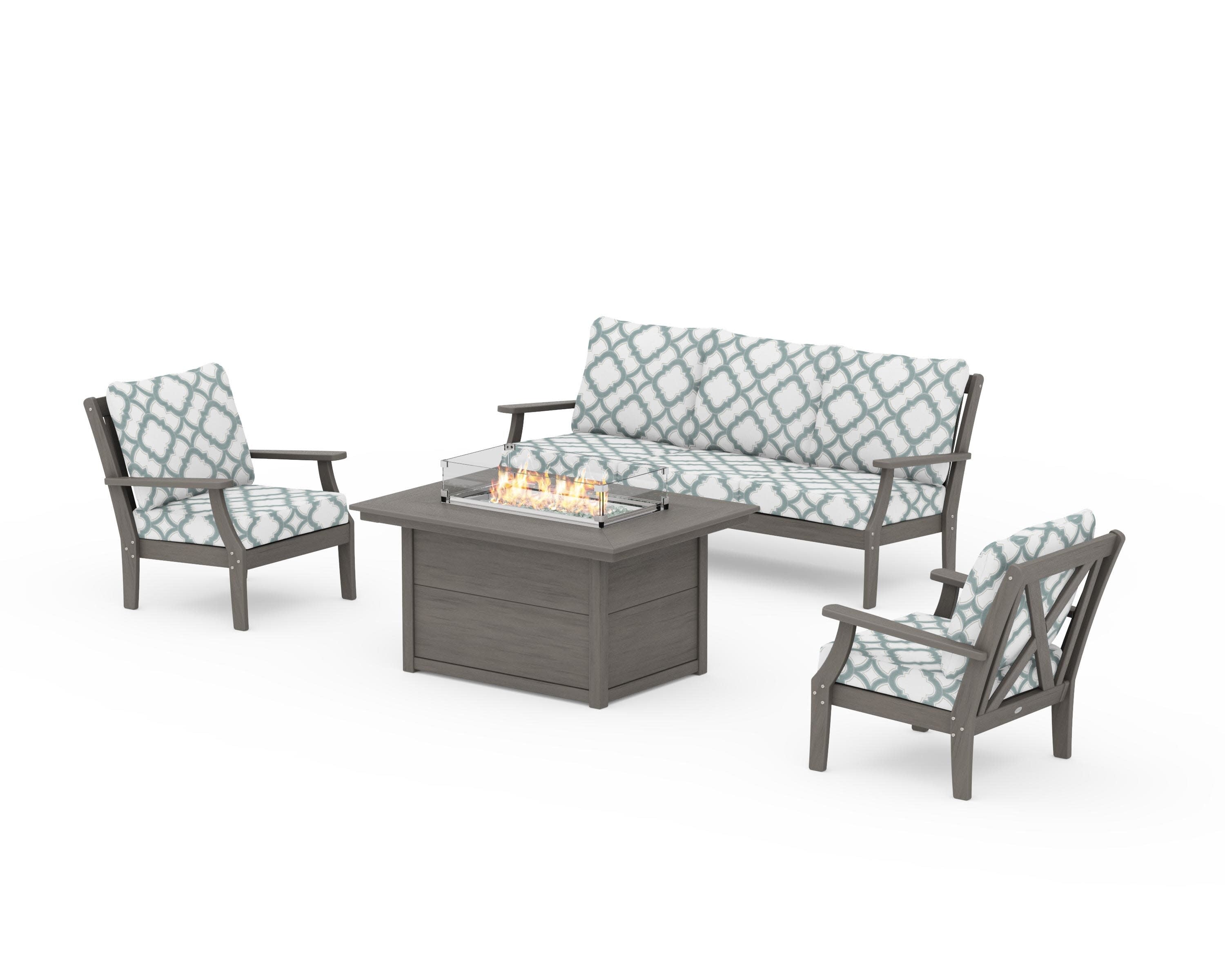 Braxton Deep Seating Fire Pit Table Set in Driftwood / Trellis Glacier Spa
