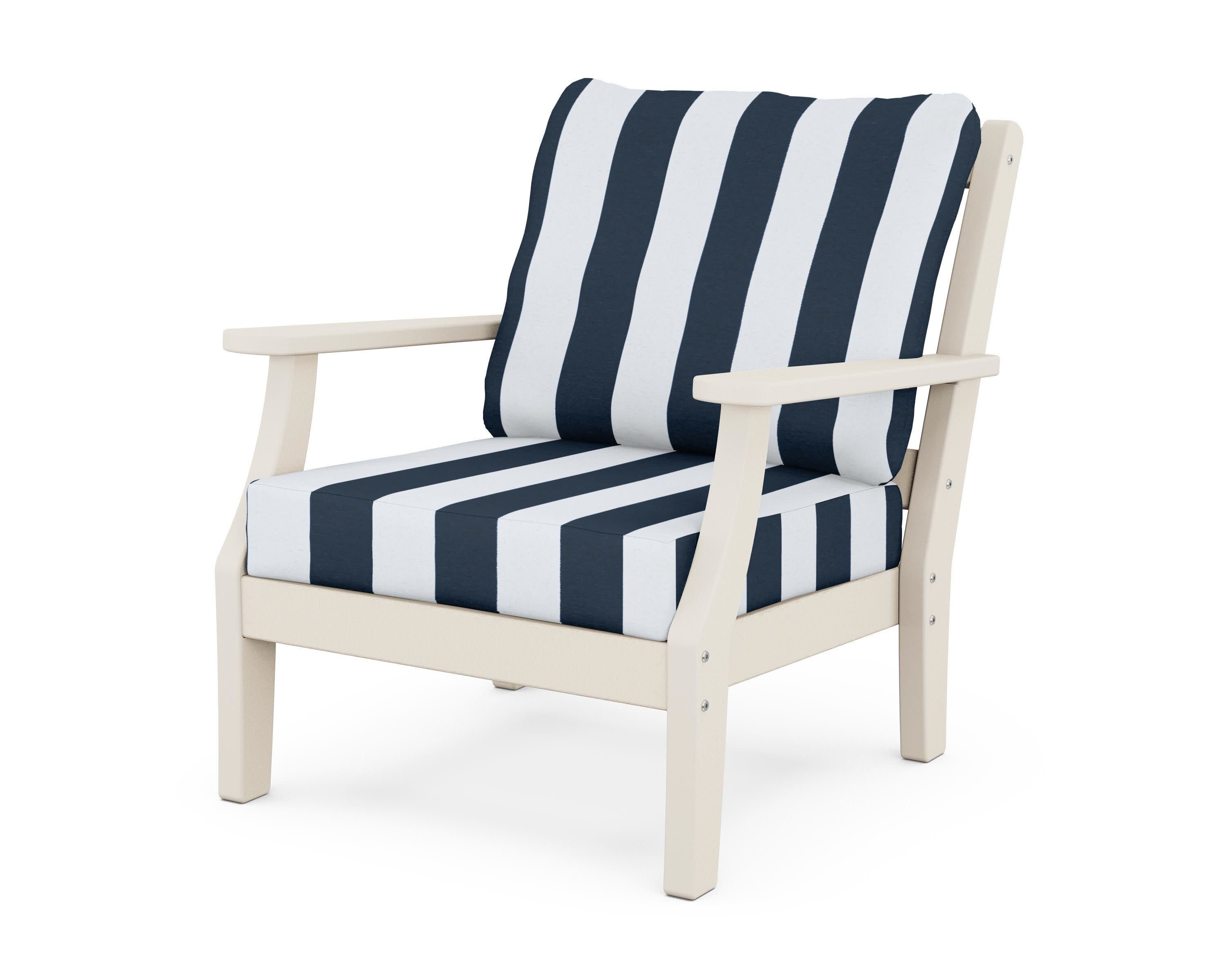 Chinoiserie Deep Seating Chair in Sand / Cabana Stripe Marine Indigo