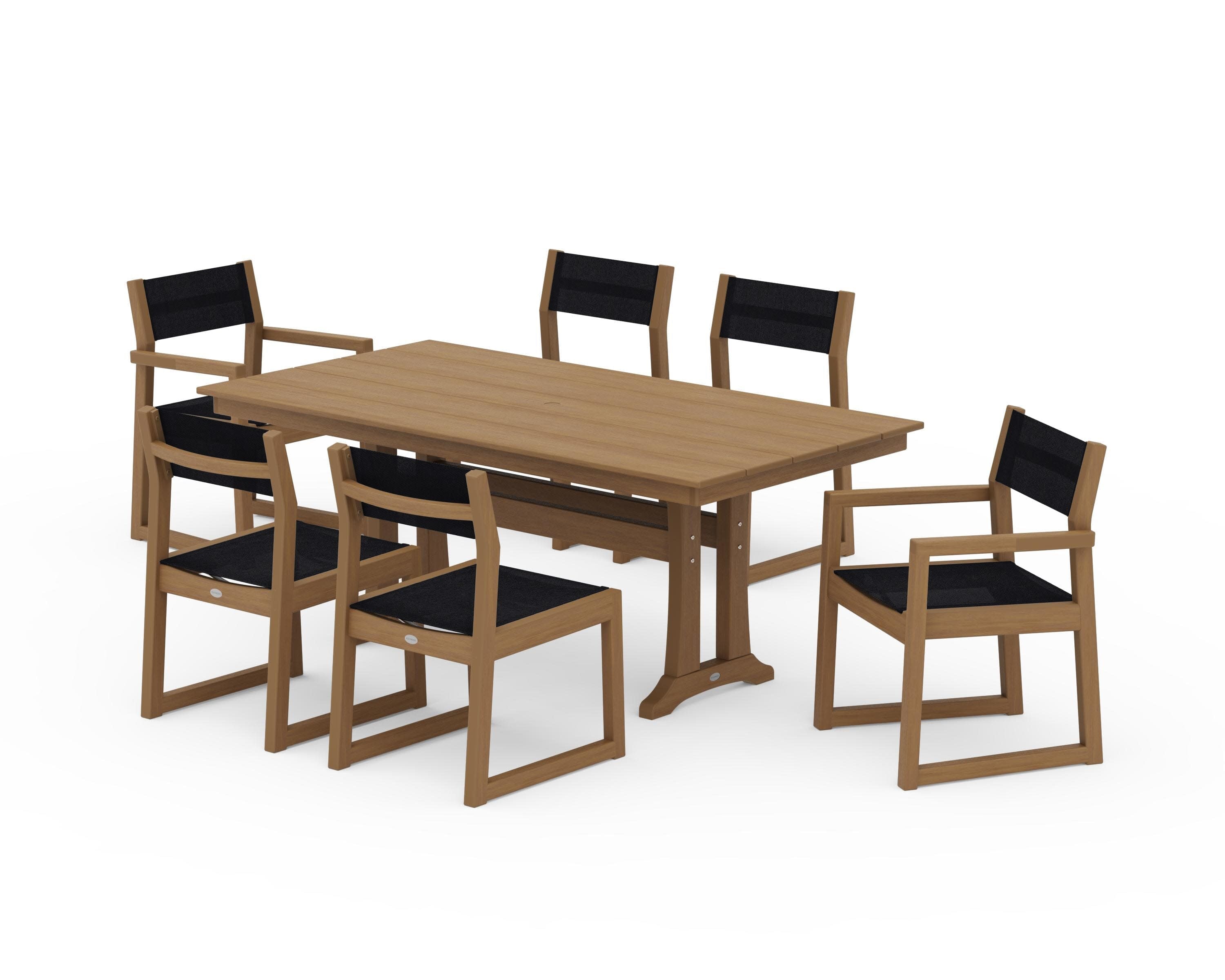 EDGE Sling 7-Piece Farmhouse Trestle Dining Set in Natural / Black Sling