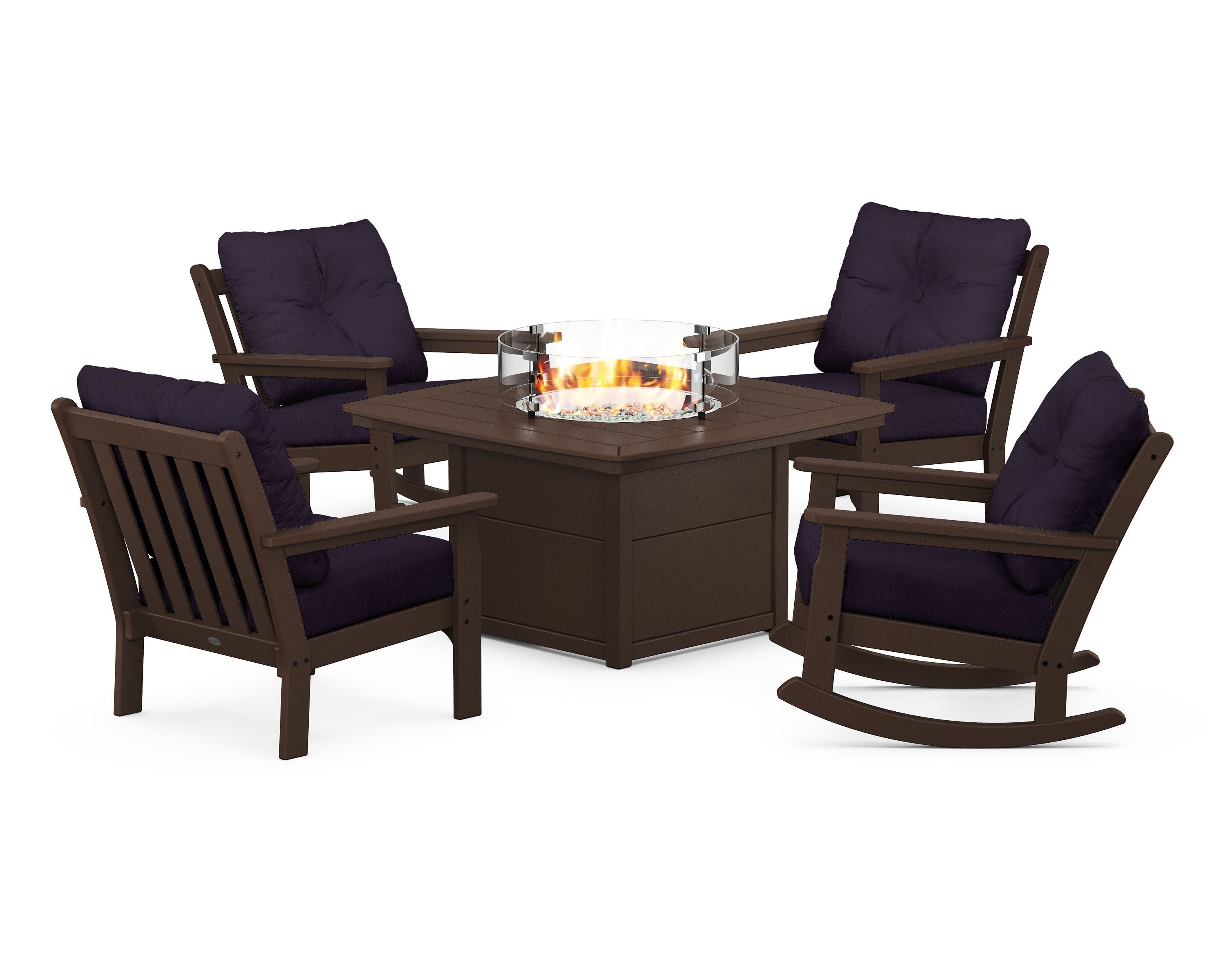 Vineyard 5-Piece Deep Seating Rocking Chair Conversation Set with Fire Pit Table in Mahogany / Navy Linen