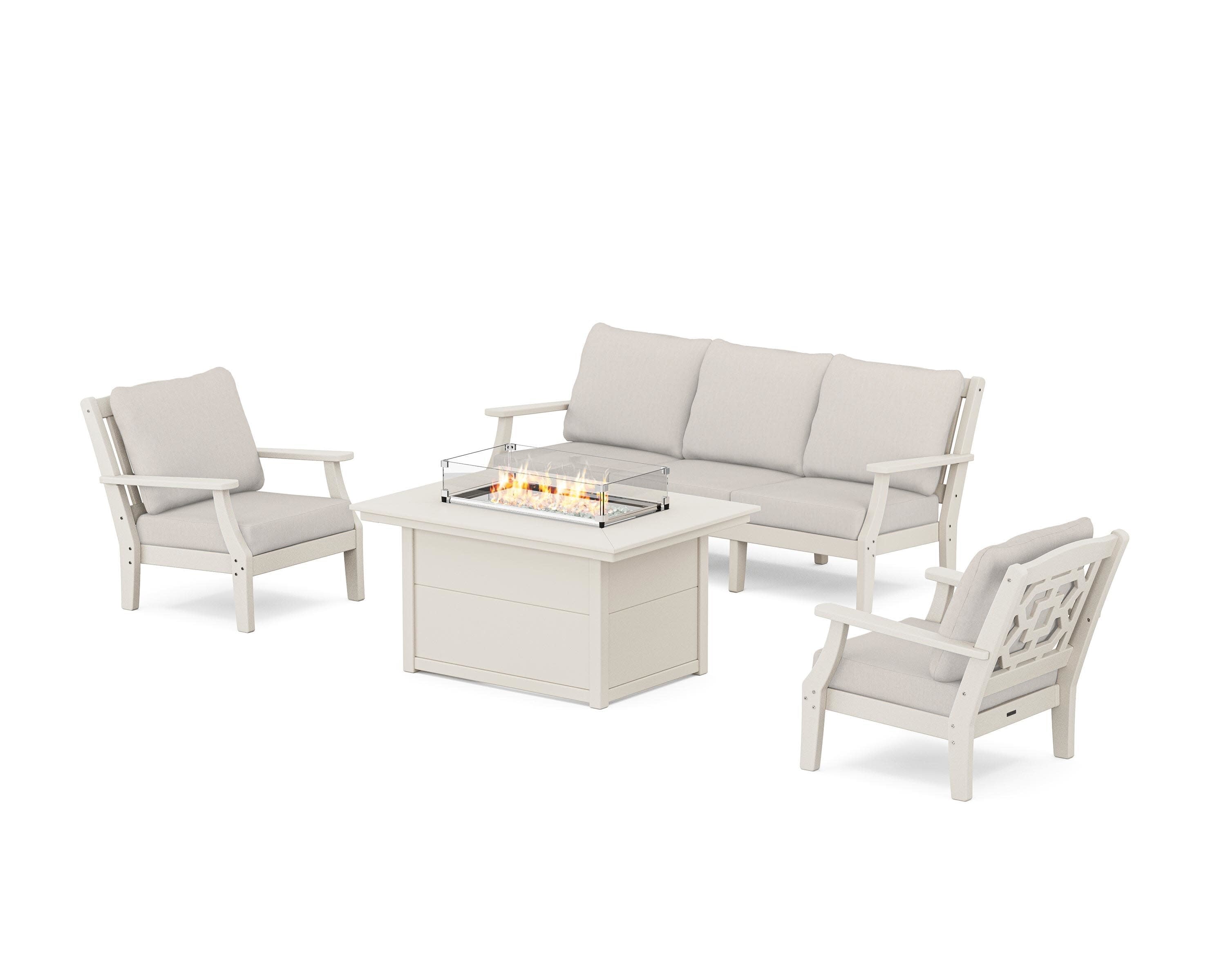 Chinoiserie Deep Seating Fire Pit Table Set in Sand / Cast Ash