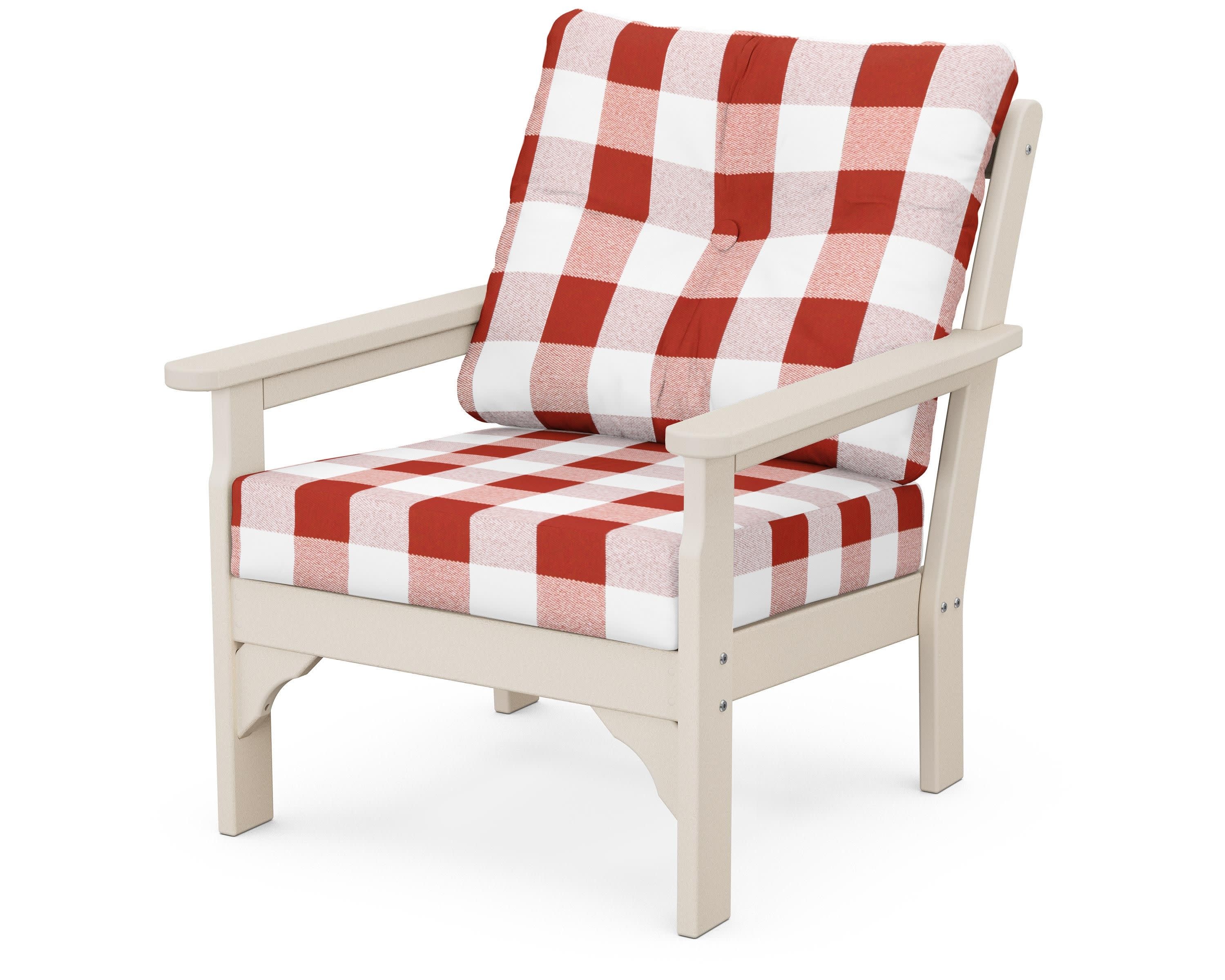 Vineyard Deep Seating Chair in Sand / Buffalo Plaid Crimson
