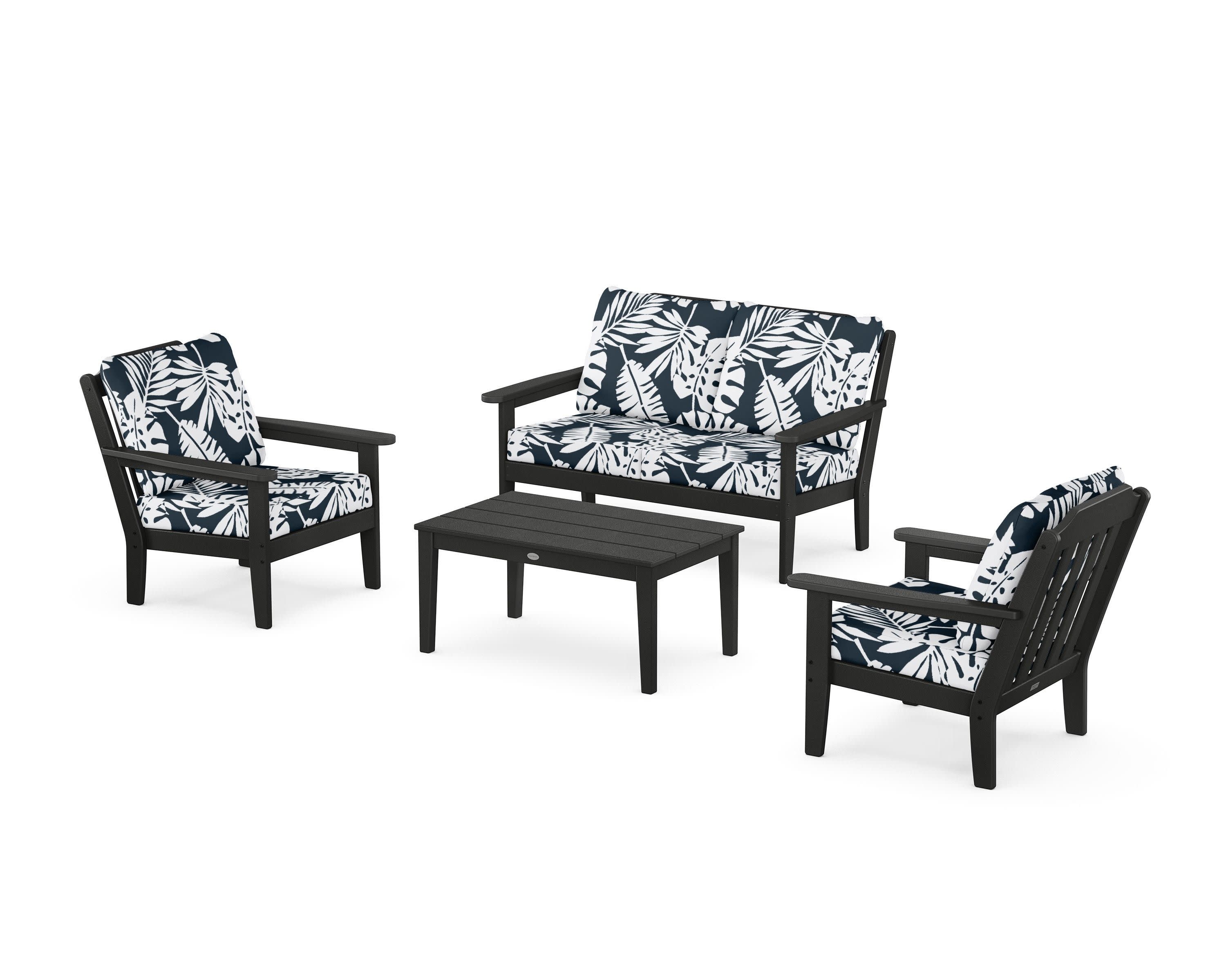 Cottage 4-Piece Deep Seating Set with Loveseat in Black / Leaf Marine Indigo