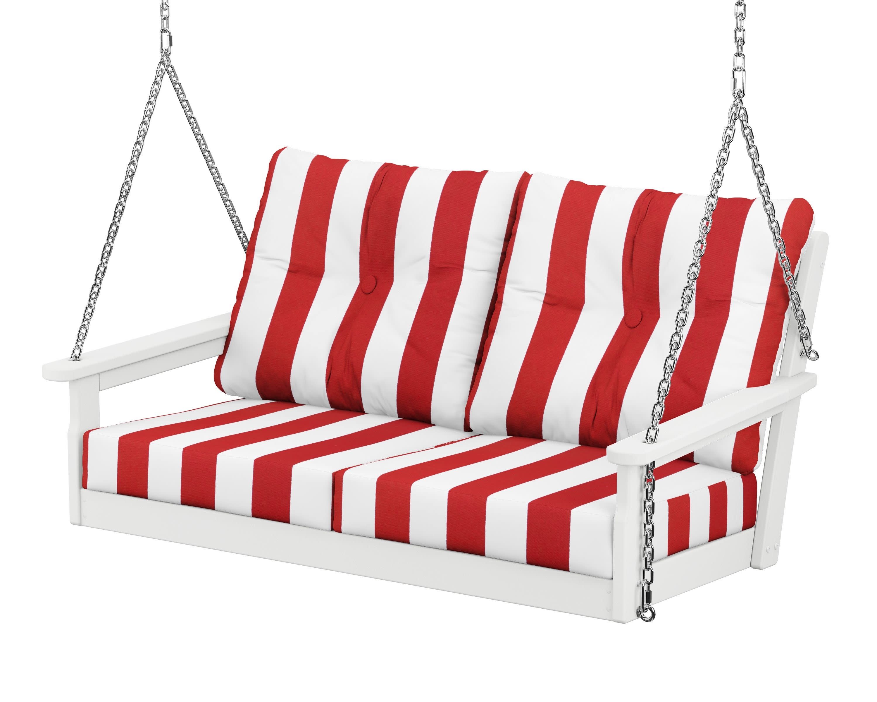 Vineyard Deep Seating Swing in White / Cabana Stripe Crimson