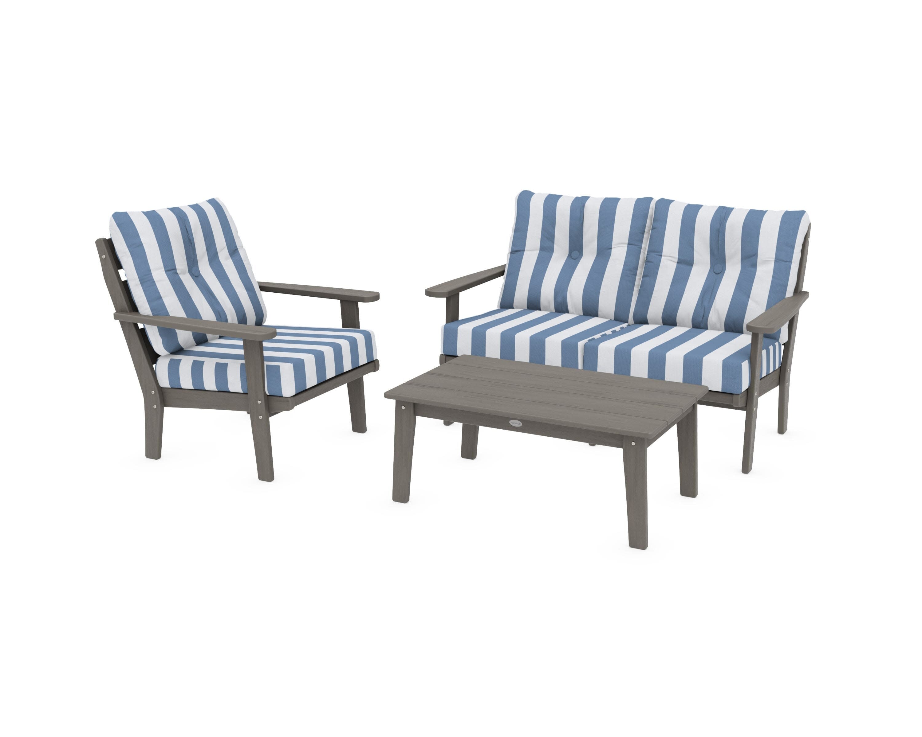 Lakeside 3-Piece Deep Seating Set in Driftwood / Cabana Stripe Sky Blue