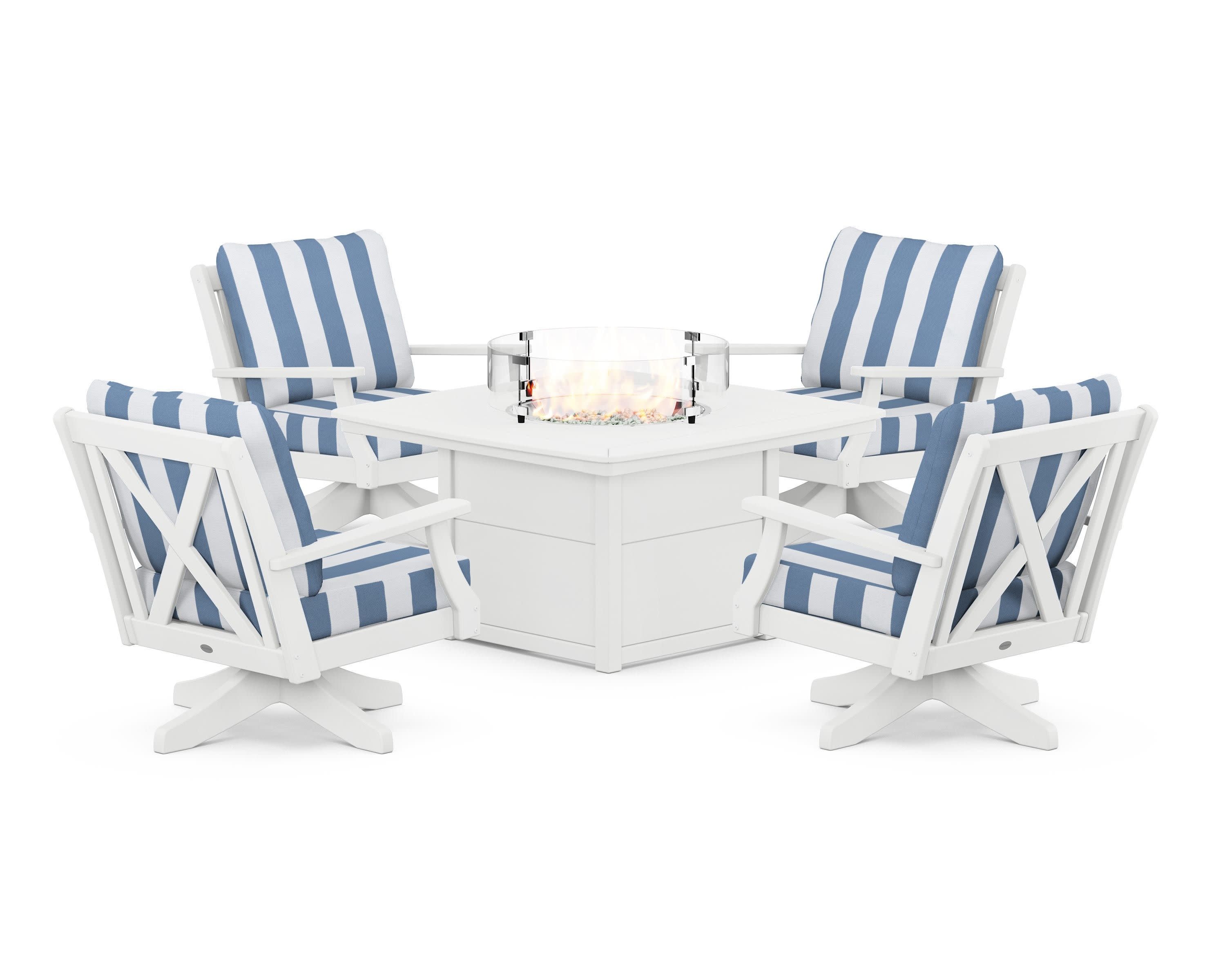 Braxton 5-Piece Deep Seating Swivel Conversation Set with Fire Pit Table in White / Cabana Stripe Sky Blue