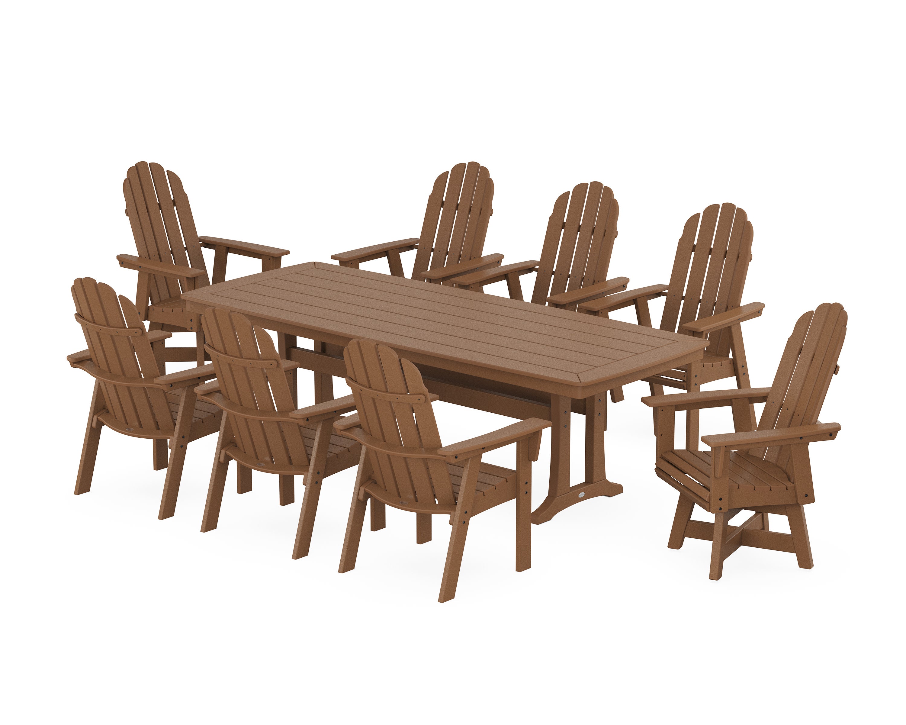 Vineyard Curveback Adirondack Swivel 9-Piece Dining Set with Trestle Legs in Teak
