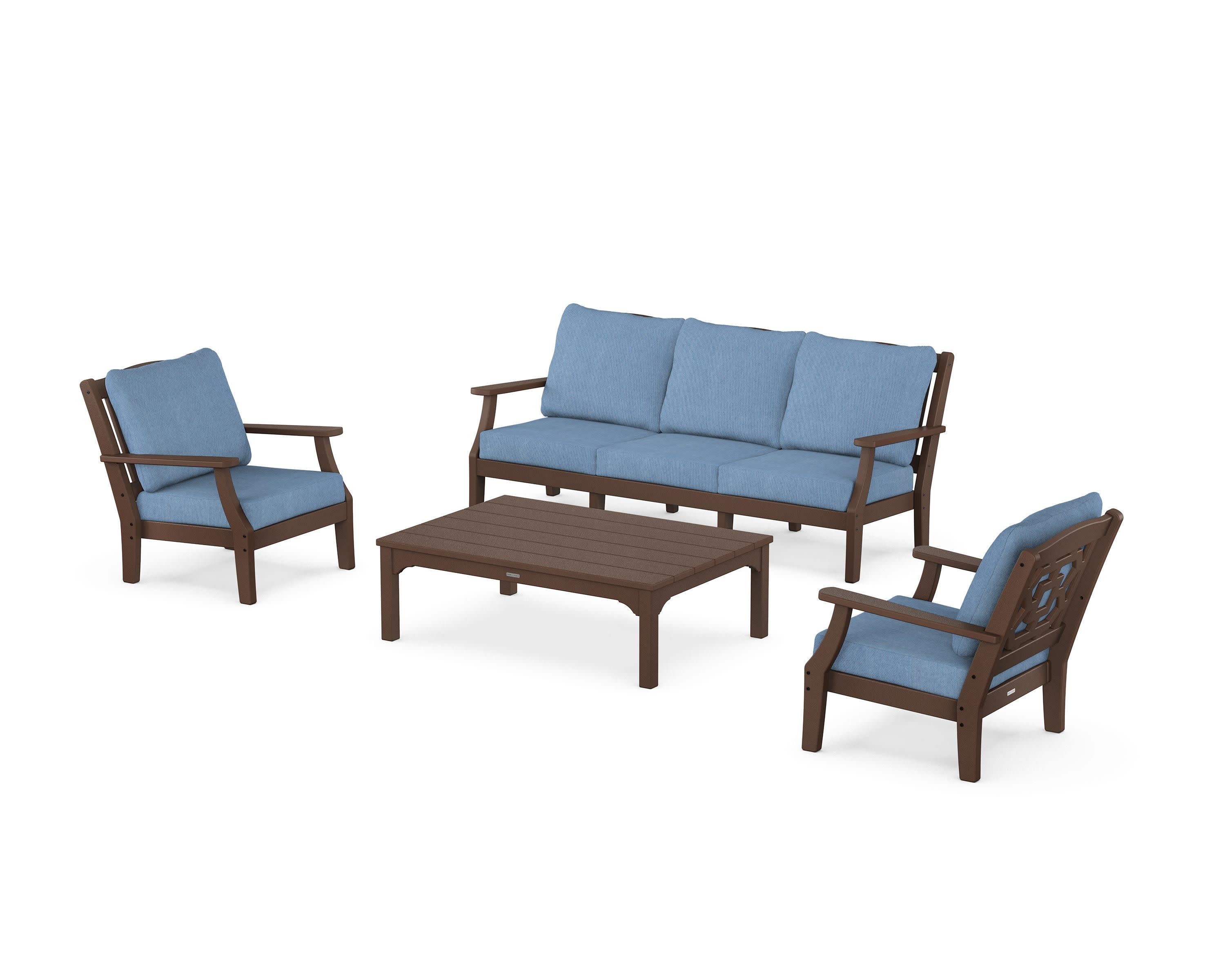 Chinoiserie 4-Piece Deep Seating Set with Sofa in Mahogany / Sky Blue