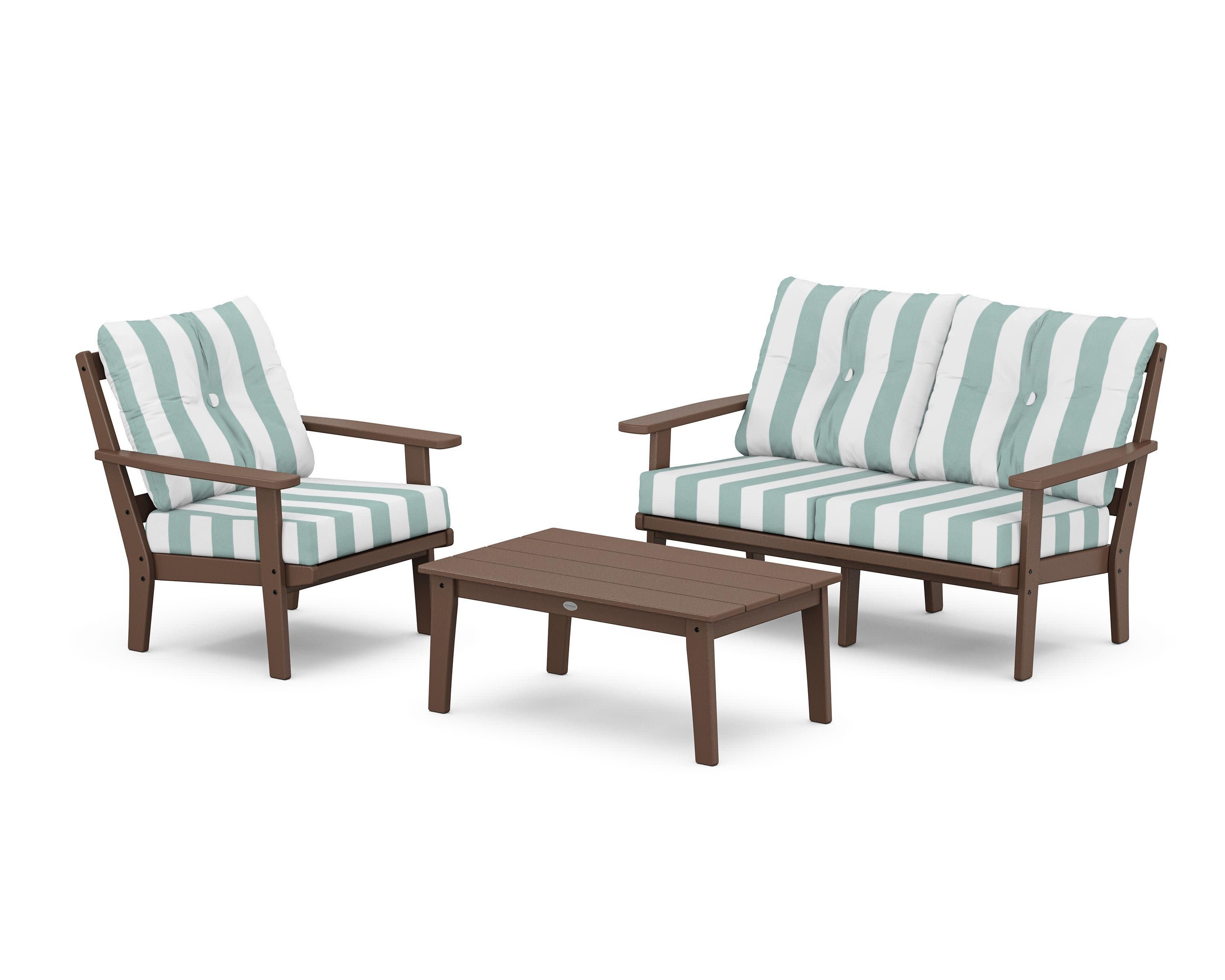 Oxford 3-Piece Deep Seating Set with Loveseat in Mahogany / Cabana Stripe Glacier Spa