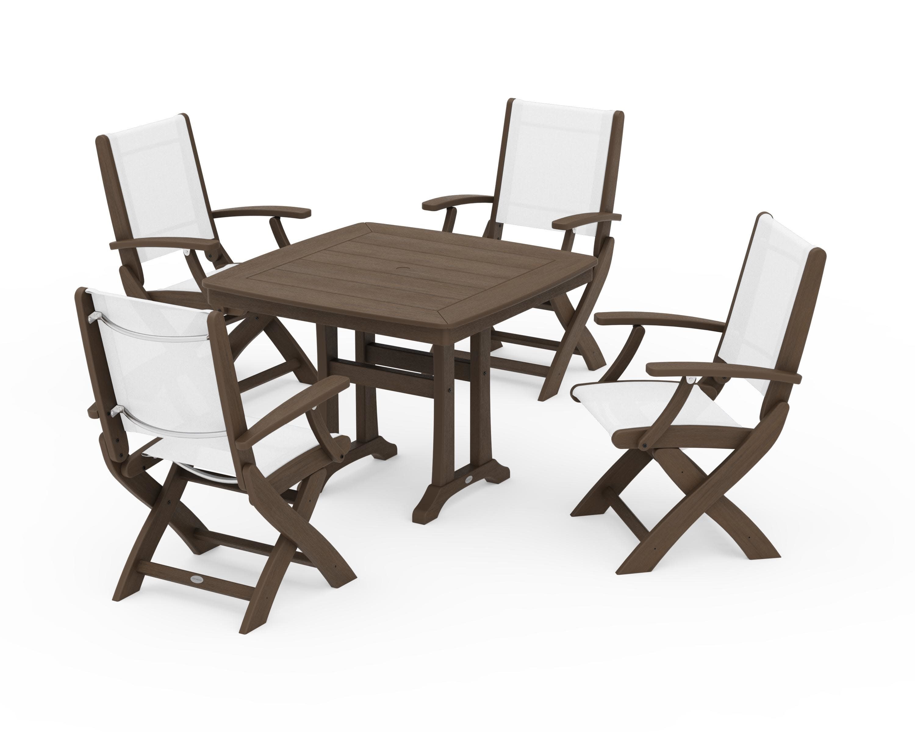 Coastal Folding Chair 5-Piece Dining Set with Trestle Legs in Kona / White Sling