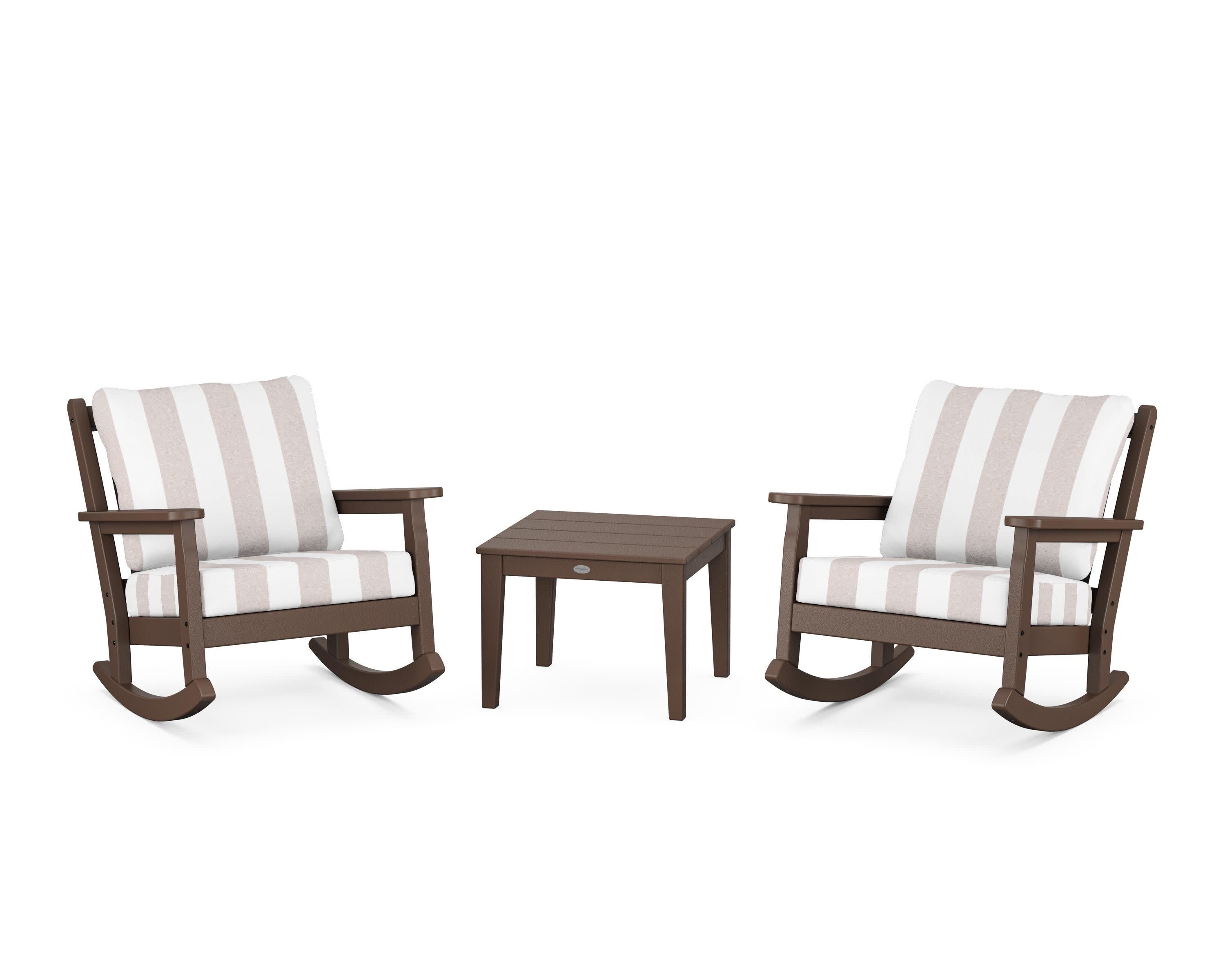 Chippendale 3-Piece Deep Seating Rocker Set in Mahogany / Cabana Stripe Dune Burlap