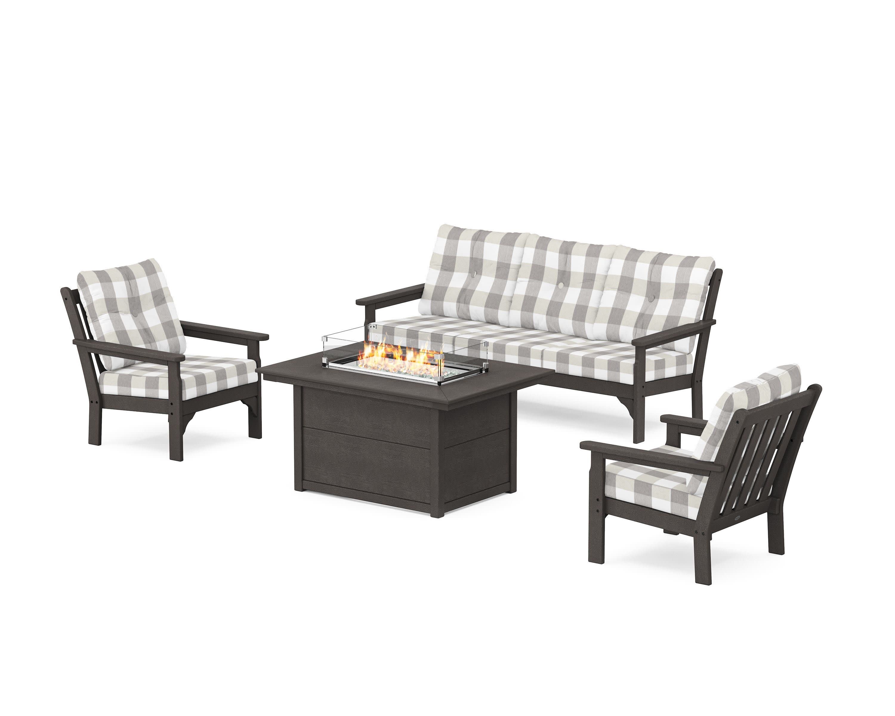Vineyard Deep Seating Fire Pit Table Set in Vintage Coffee / Buffalo Plaid Grey Mist