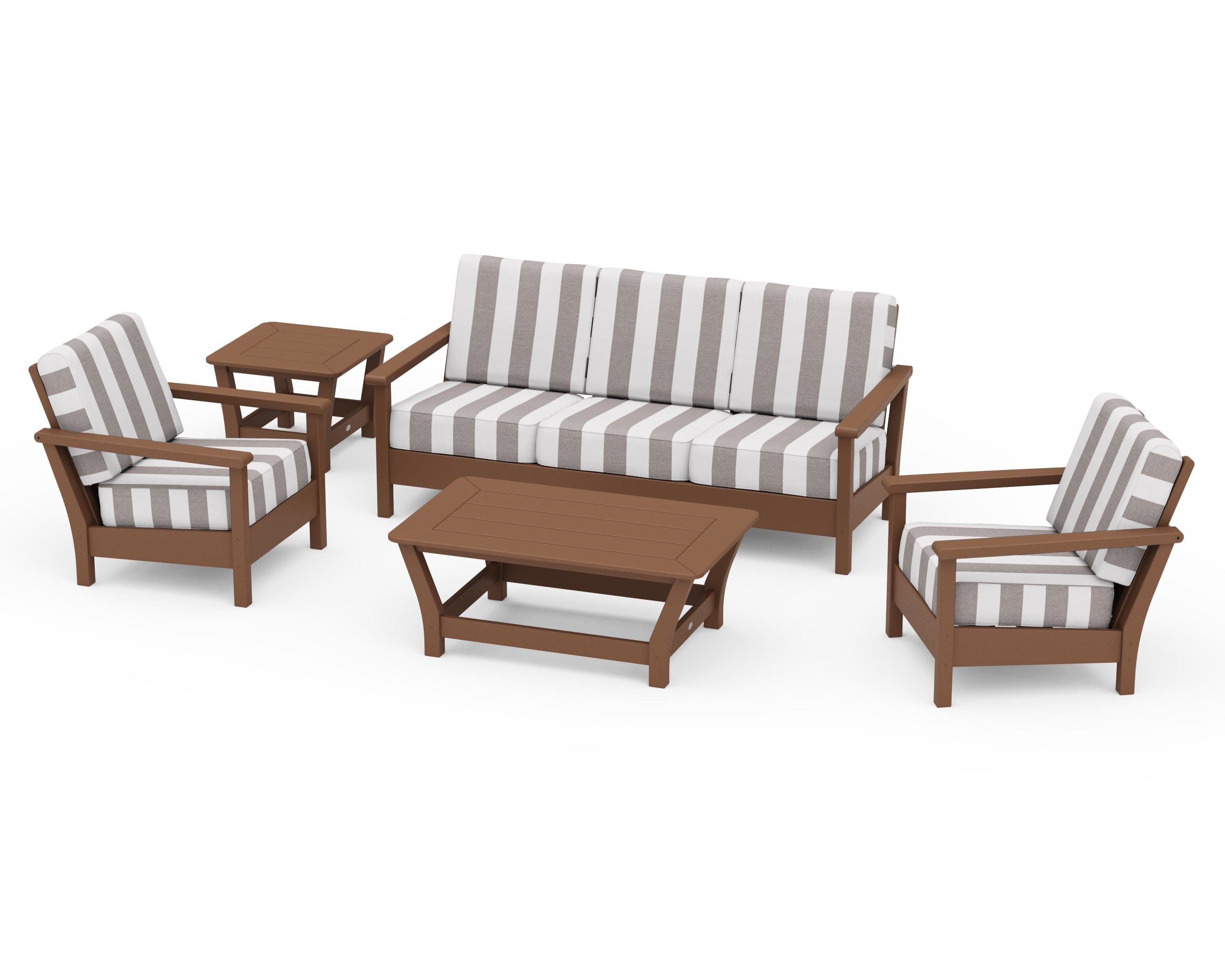 Harbour 5-Piece Deep Seating Set in Teak / Cabana Stripe Grey Mist