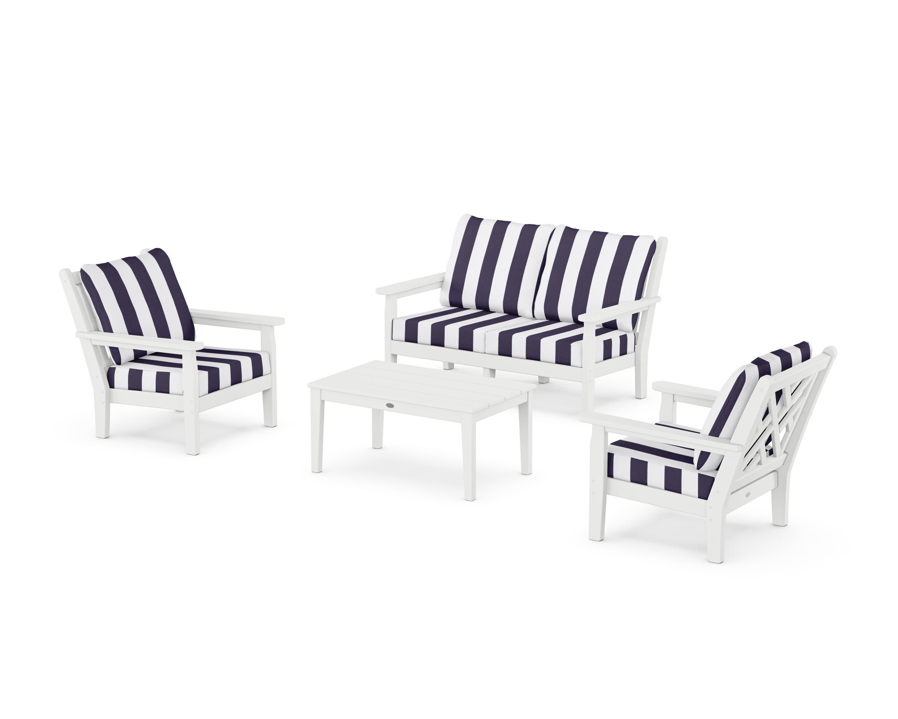 Chippendale 4-Piece Deep Seating Set with Loveseat in White / Cabana Stripe Navy