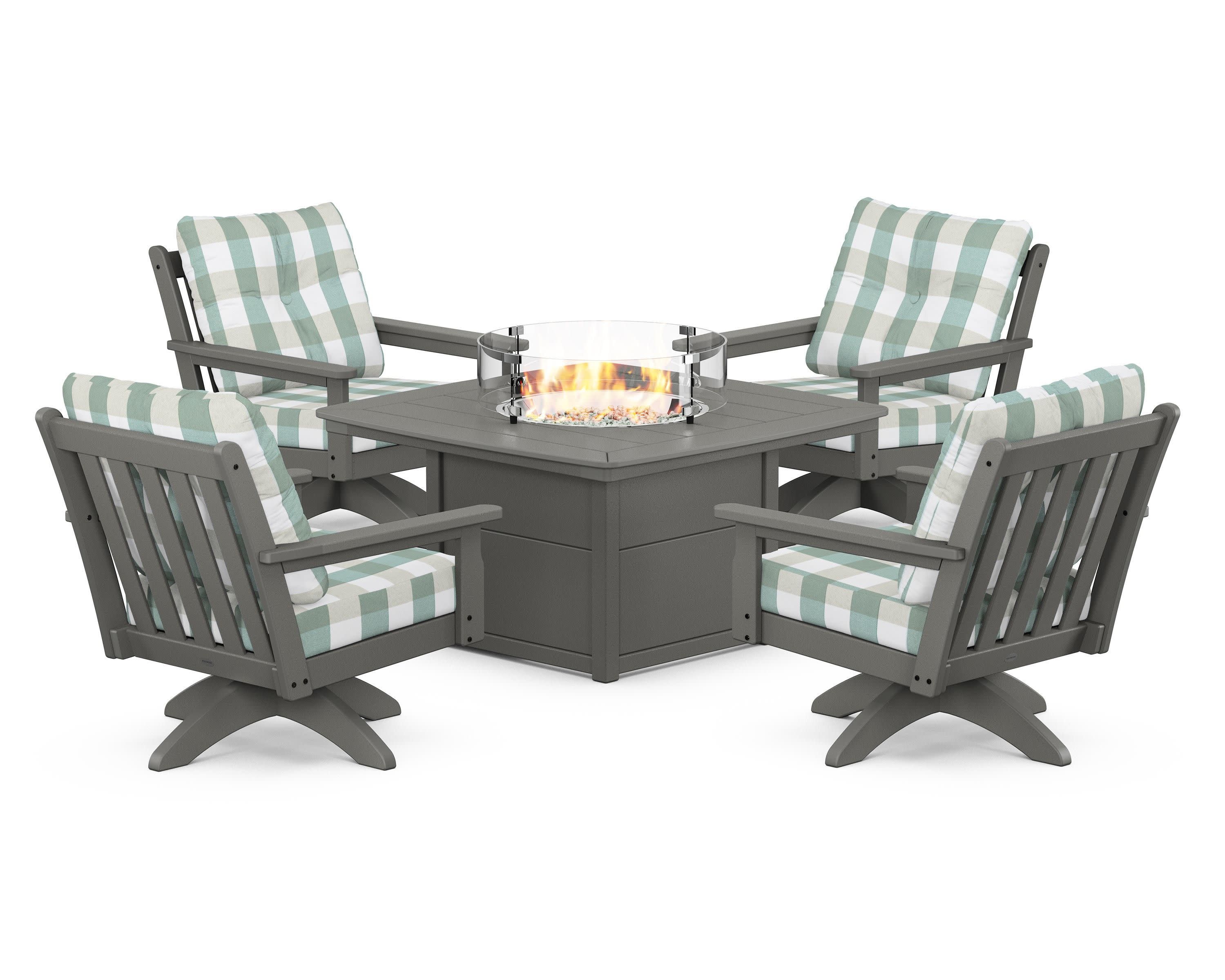 Vineyard 5-Piece Deep Seating Swivel Conversation Set with Fire Pit Table in Slate Grey / Buffalo Plaid Glacier Spa